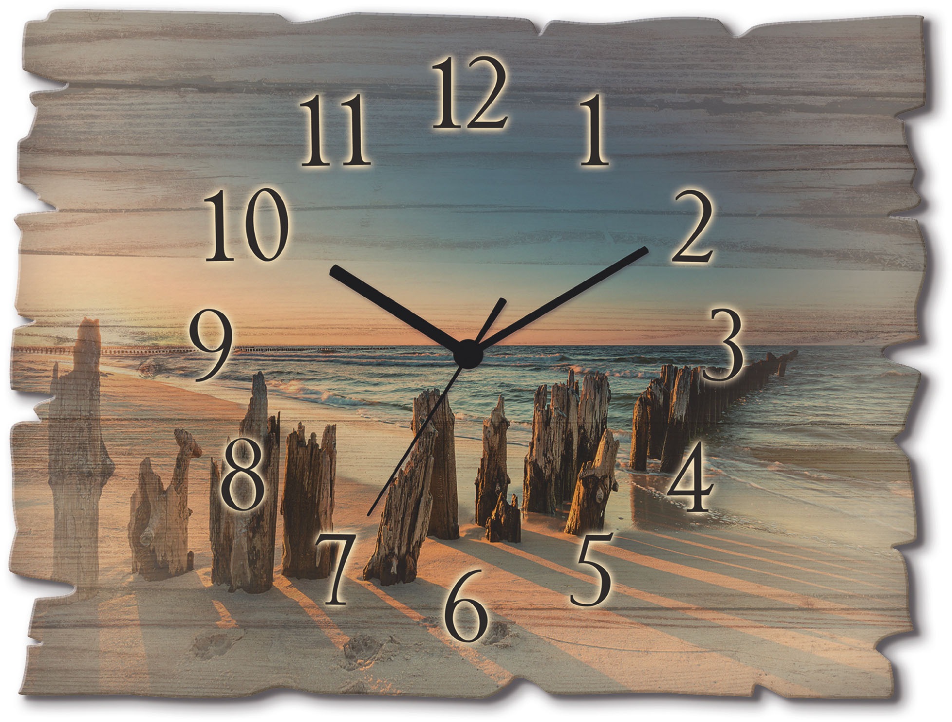 Image of Artland Wanduhr »Holzuhr Sonnenuntergang Strand Wellenbrecher«, in vielen Grössen & Produktarten - Alubild / Outdoorbild für den Aussenbereich, Leinwandbild, Poster, Wandaufkleber / Wandtattoo auch für Badezimmer geeignet bei Ackermann Versand Schweiz
