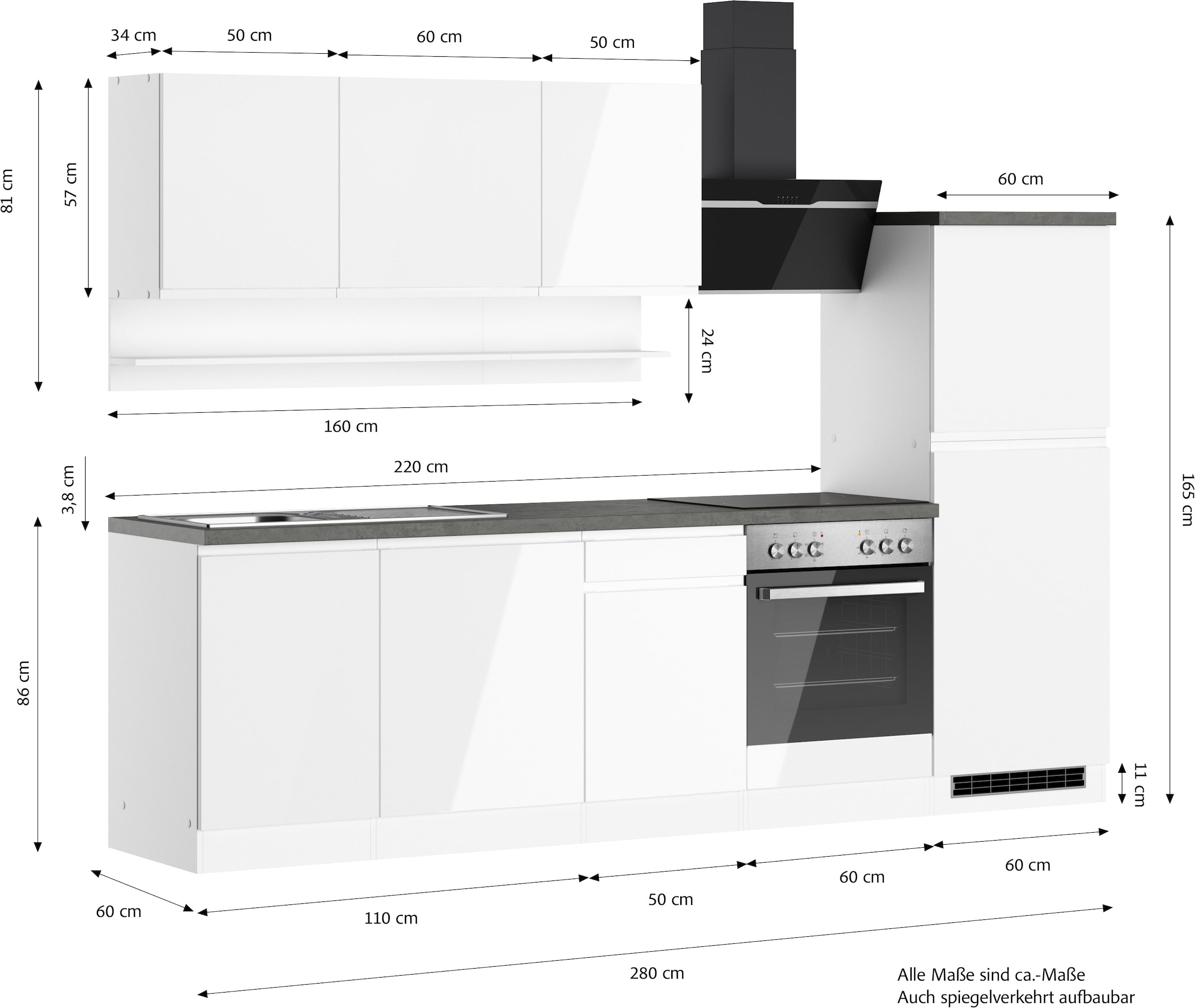 KOCHSTATION Kitchenette »KS-Virginia,neu in verbesserter Ausführung« plan de travail épaisseur 38 mm, rangement, fermeture douce,  Largeur 280 cm, fermeture douce, avec ou sans appareils électriques