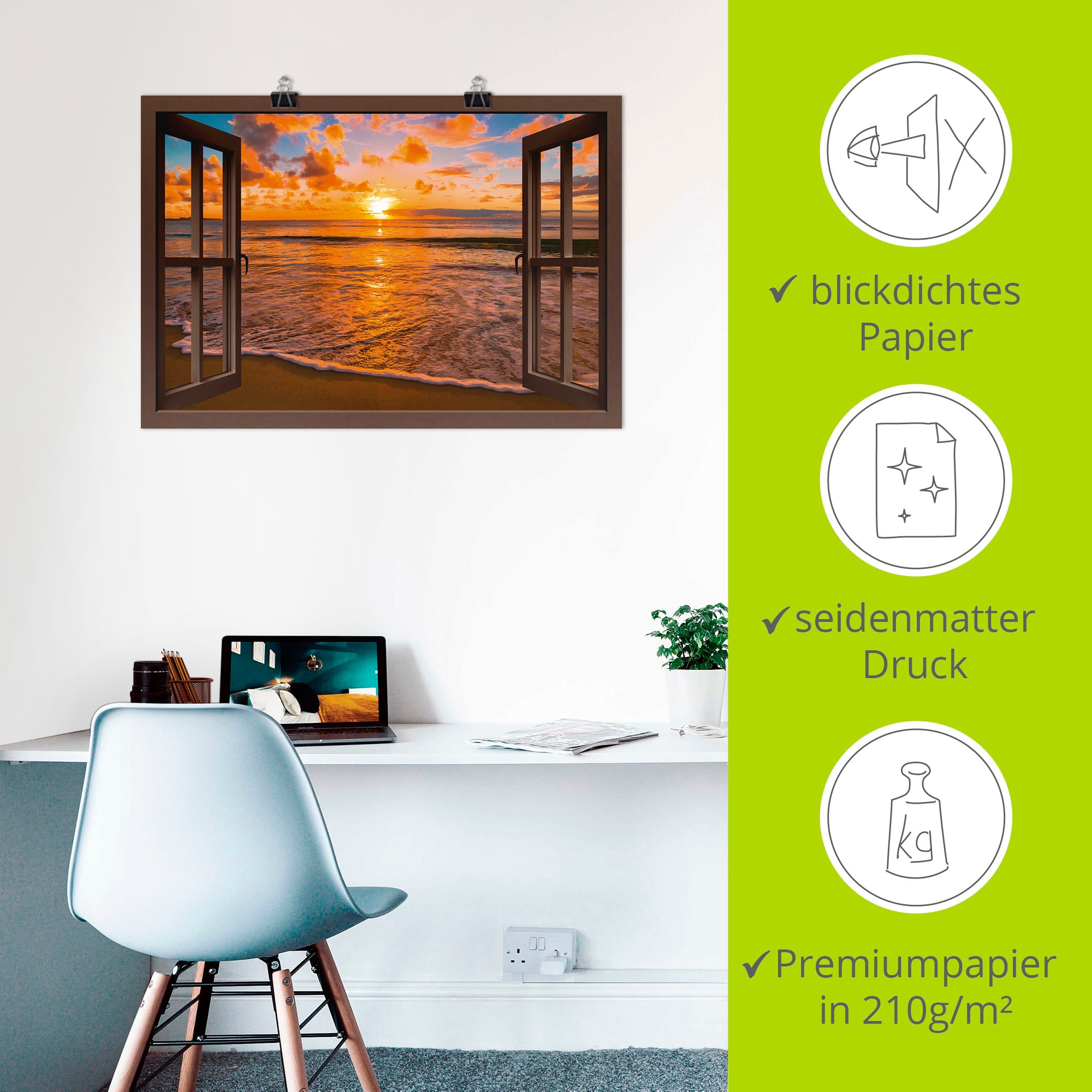 Artland Wandbild »Fensterblick Sonnenuntergang am Strand«, Sonnenaufgang & -untergang, (1 St.), als Leinwandbild, Poster, Wandaufkleber in verschied. Grössen