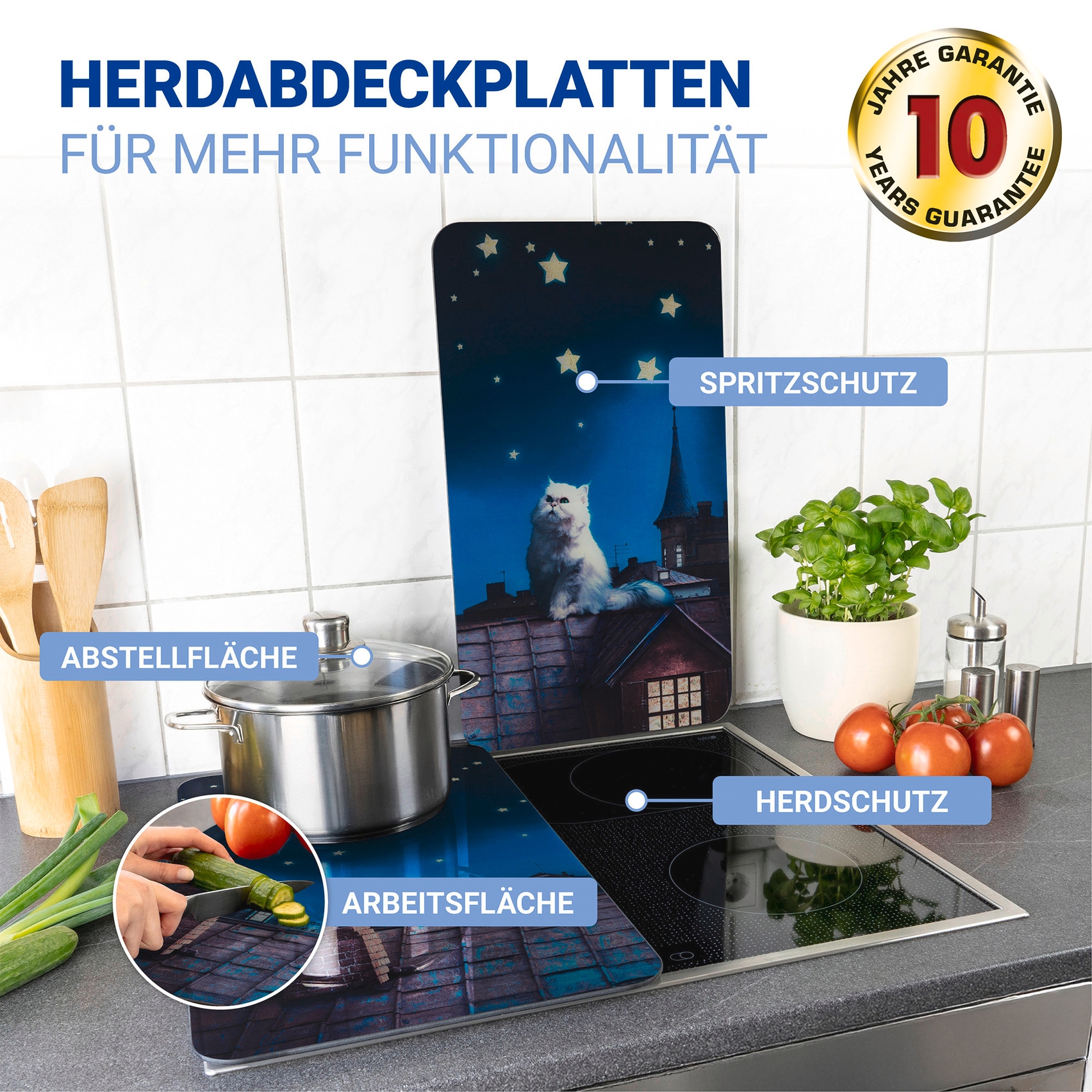 WENKO Herd-Abdeckplatte »Universal Modell Moon Cat«, (Set, 2 tlg.), Herdabdeckung für alle Herdarten, kratzfest, mit rutschfesten Füssen
