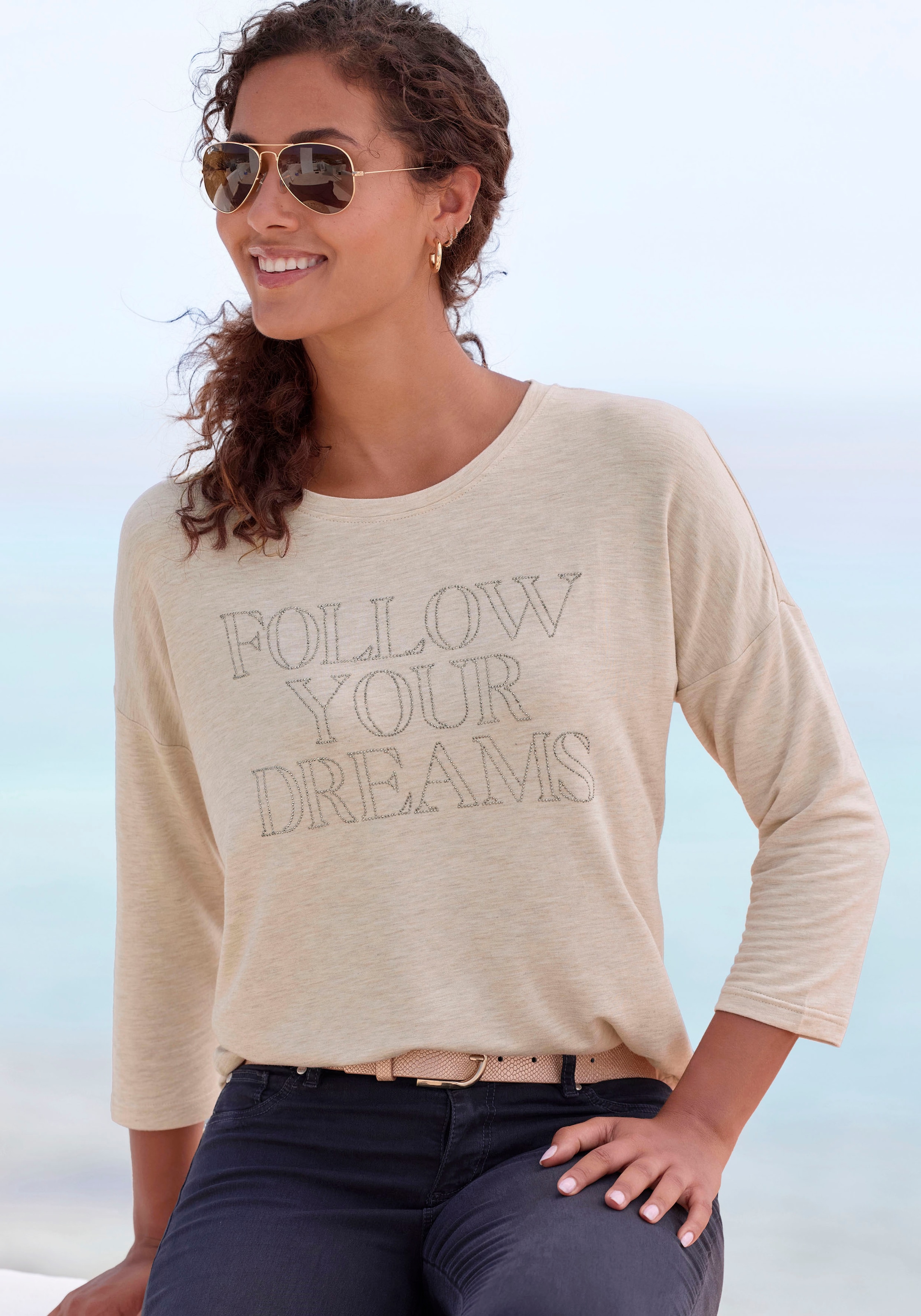 Image of LASCANA 3/4-Arm-Shirt "mit Schriftzug aus Strasssteinen" aus French Terry-Qualität aus Viskose