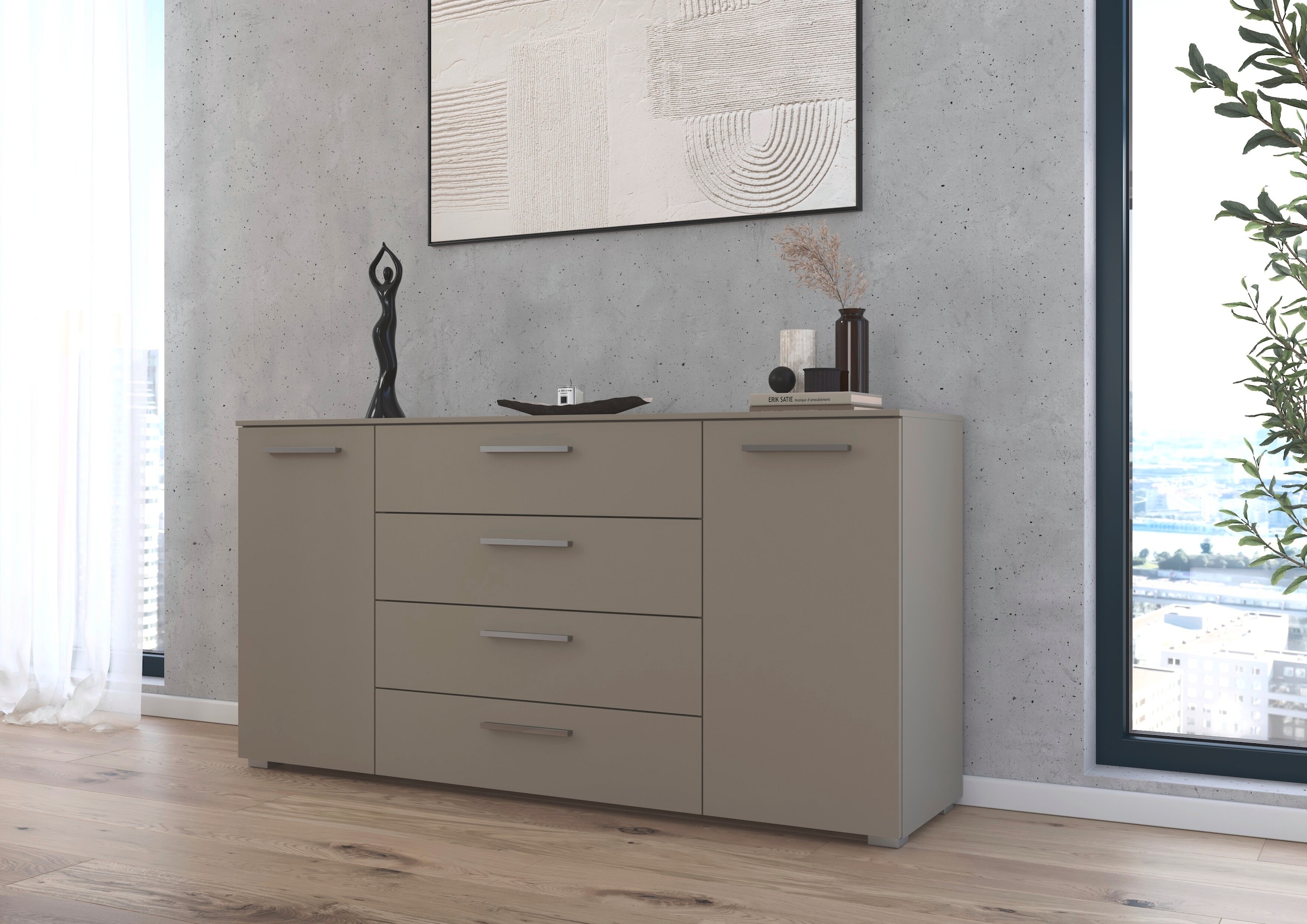 rauch Commode combinée »Sideboard Schubkommode Kommode MONTCLAR Front Dekor/Hochglanz/Glas« Largeur 160 / hauteur 81 cm, 2 étagères, avec fonction soft-close,  2 portes, 4 tiroirs spacieux, nombreuses variantes de poignées MADE IN GERMANY