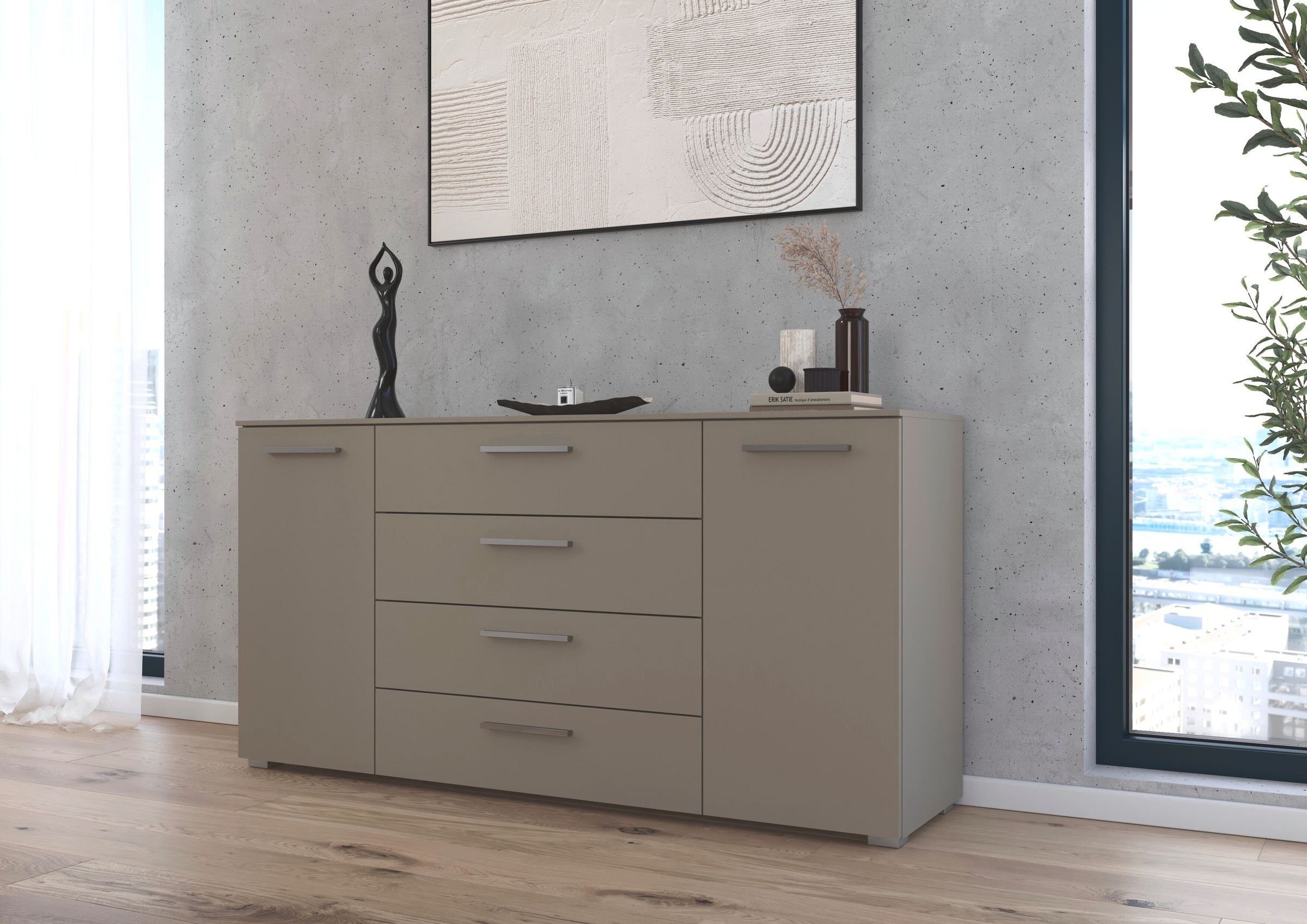 rauch Kombikommode "Sideboard Schubkommode Kommode MONTCLAR Front Dekor/Hochglanz/Glas" Breite 160 / Höhe 81 cm, 2 Einlegeböden, inkl. Soft-Close-Funktion, 2-türig, 4 geräumige Schubladen, viele Griffvarianten MADE IN GERMANY