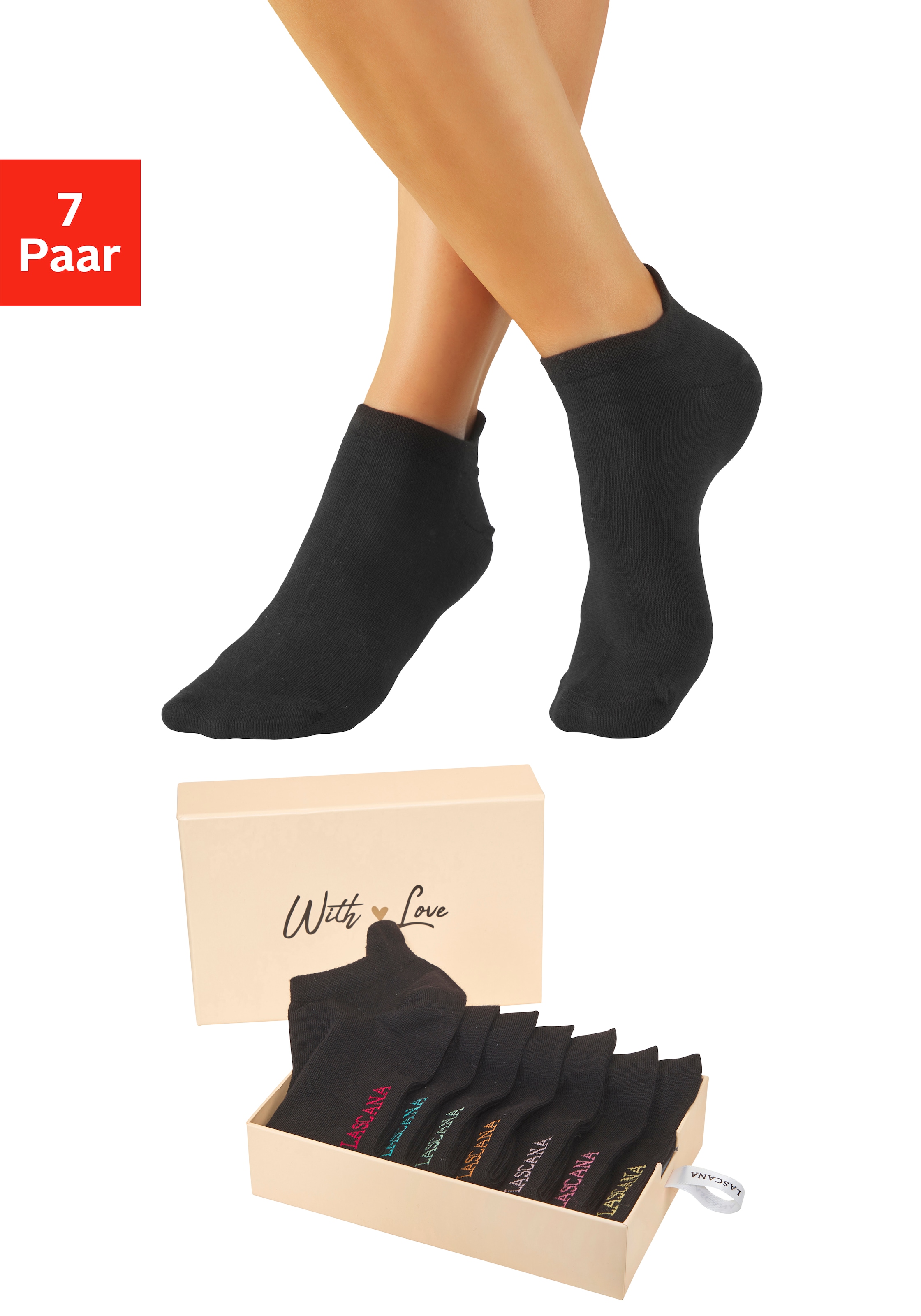 Image of LASCANA Sneakersocken "für Damen mit eingestricktem Markenlogo" Box, Box, 7 Stk. tlg. in ansprechender Geschenkbox