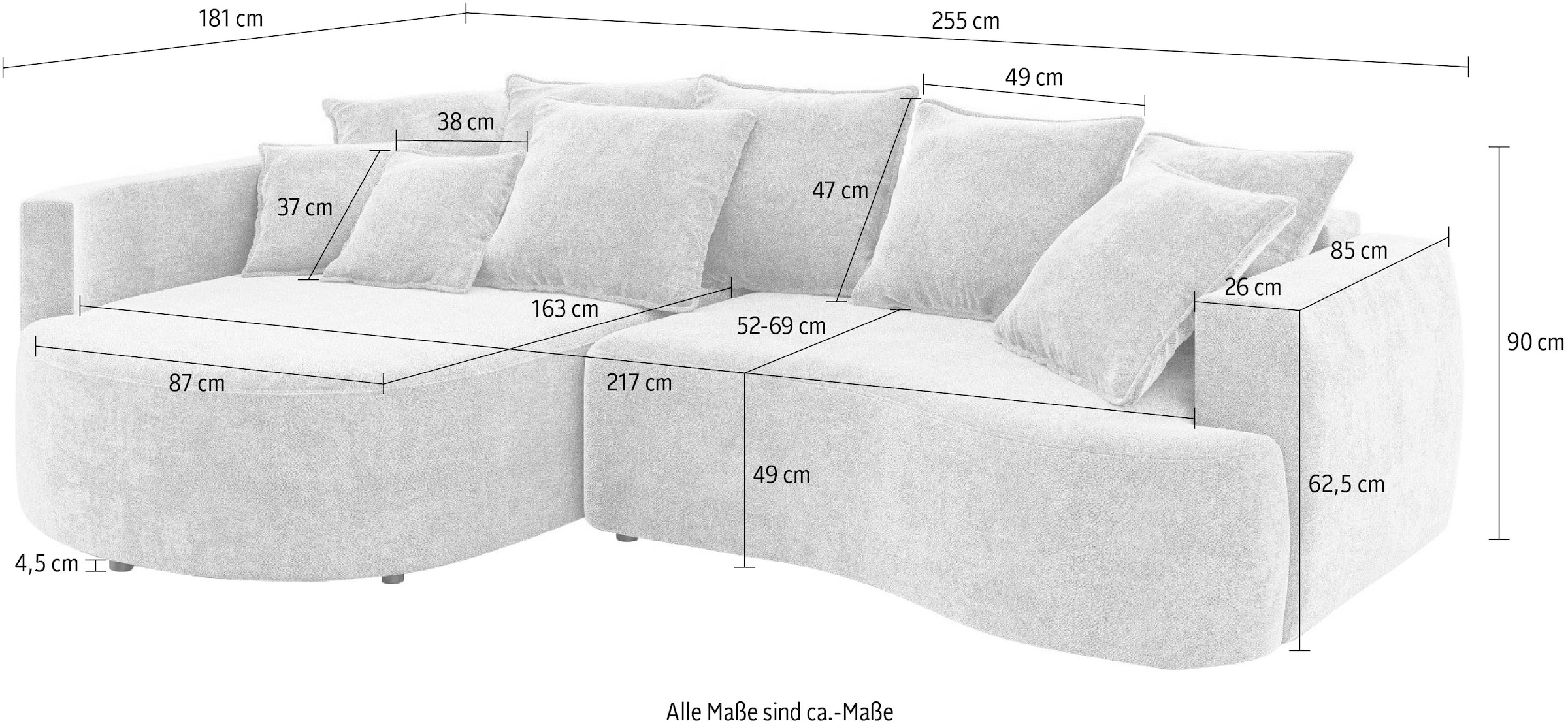 INOSIGN Ecksofa »Kahekili, Schlafsofa mit Bettkasten, Masse B/T/H: 255/181/90/ cm«, L-Form mit Wellenunterfederung, 7 Rückenkissen und 2 Zierkissen