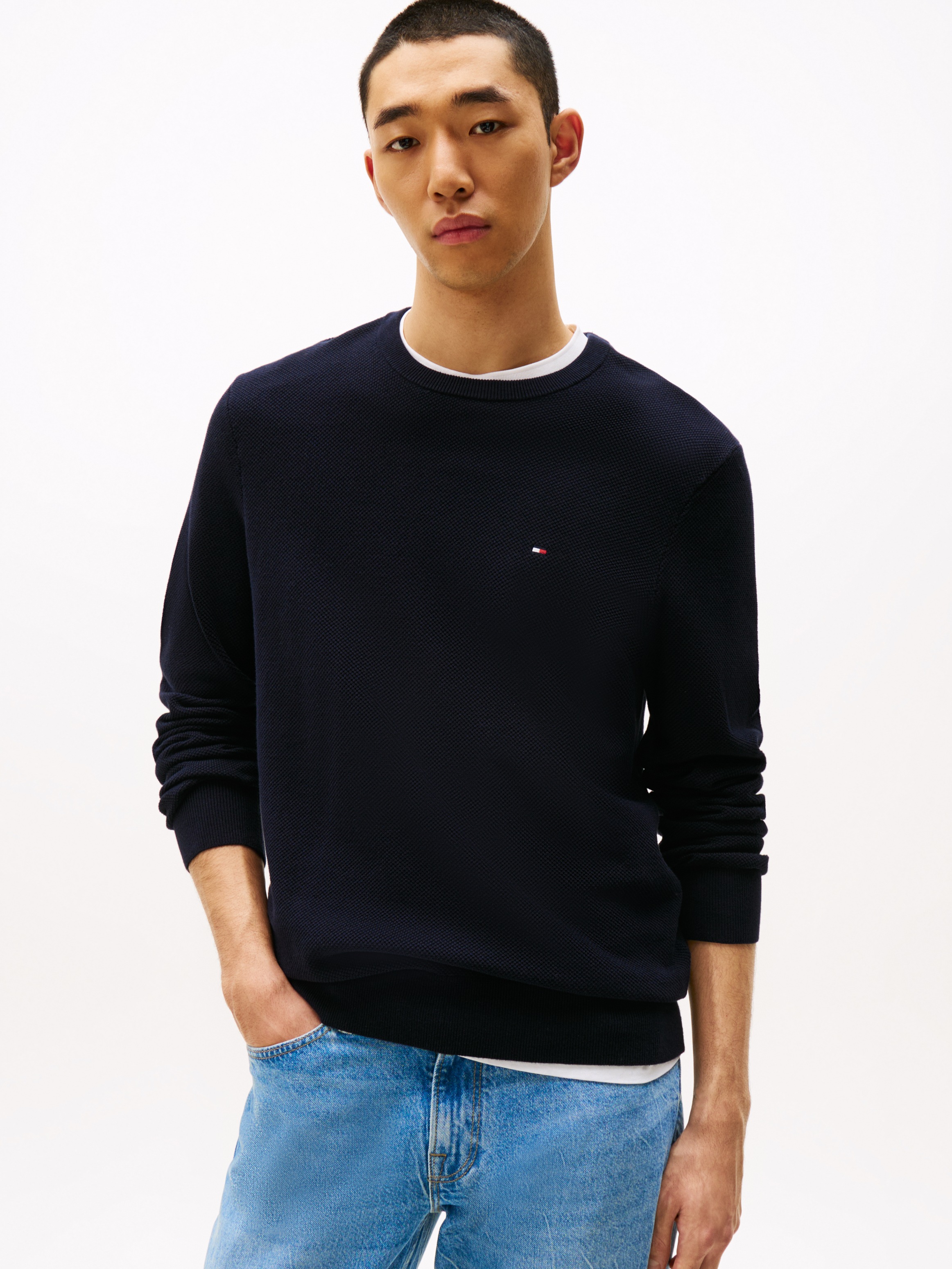 Tommy Hilfiger Rundhalspullover »ESSENTIAL STRUCTURE CREW NECK mit Struktur und Label«, unifarben, casual, regular fit, Baumwolle, Rundhals