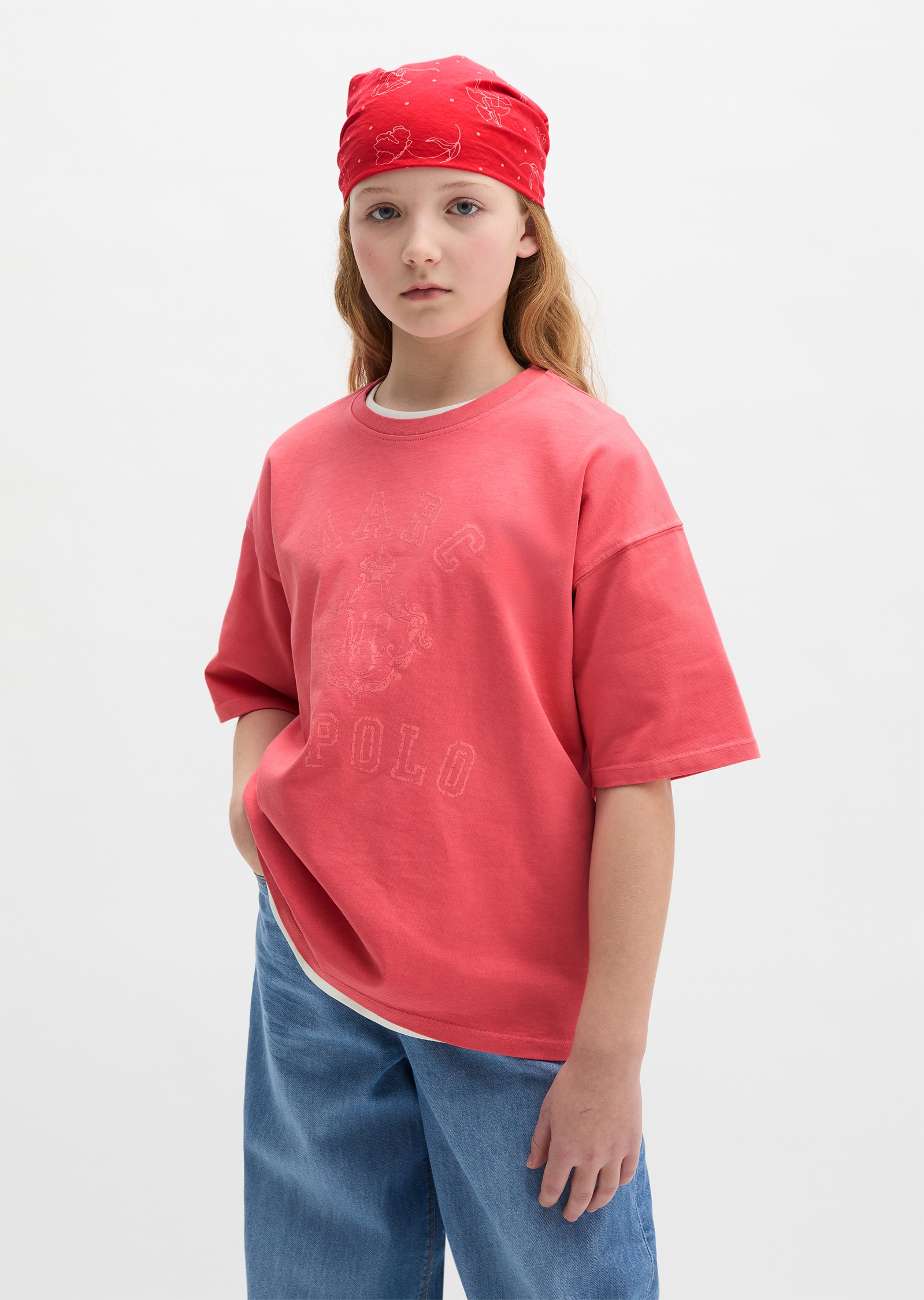 Image of Marc OPolo Junior T-Shirt kontrastfarbene Logo-Print in gesplitterter Optik, lockere Passform