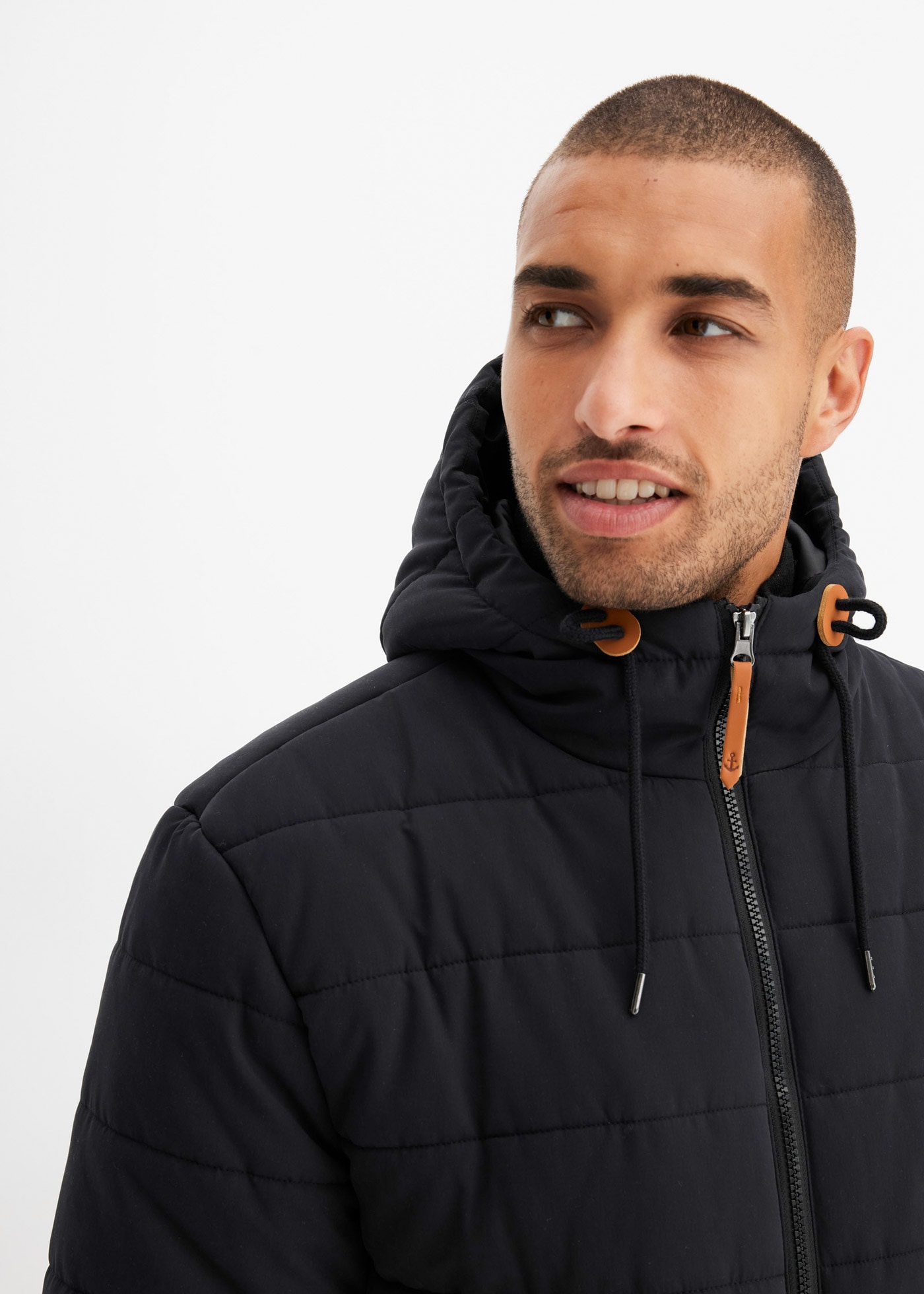 bonprix Steppjacke mit Lederimitat-Details, wattierte Fütterung, Regular Fit
