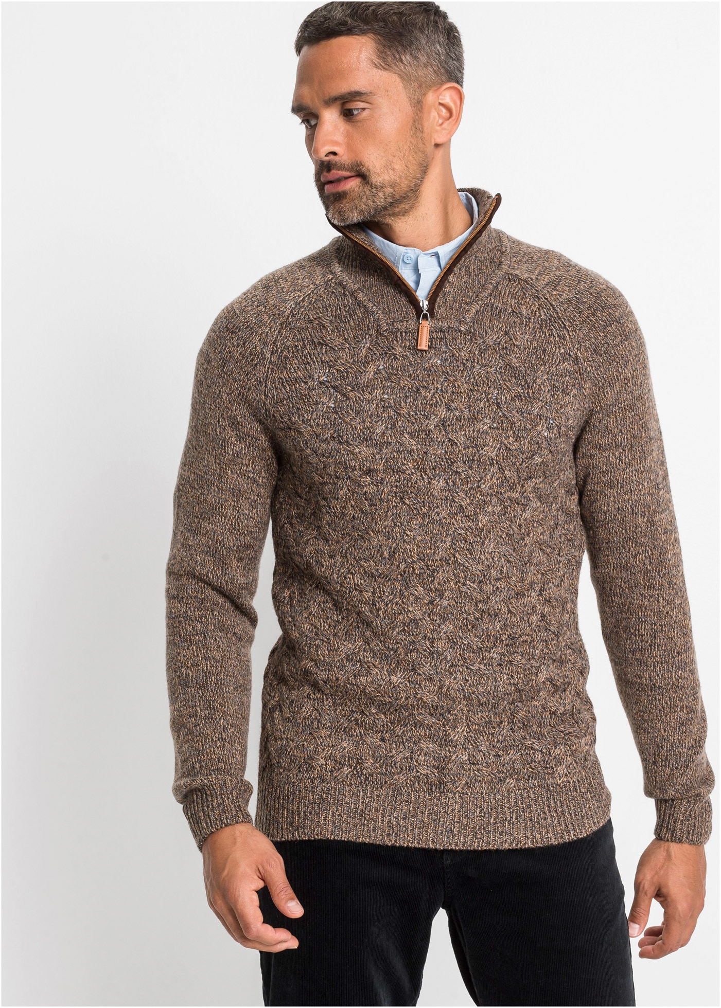 Image of bonprix Strickpullover "Troyer-Pullover mit Wolle" aus Wollmischung, mit Stehkragen, Regular Fit, mit Zopfmuster