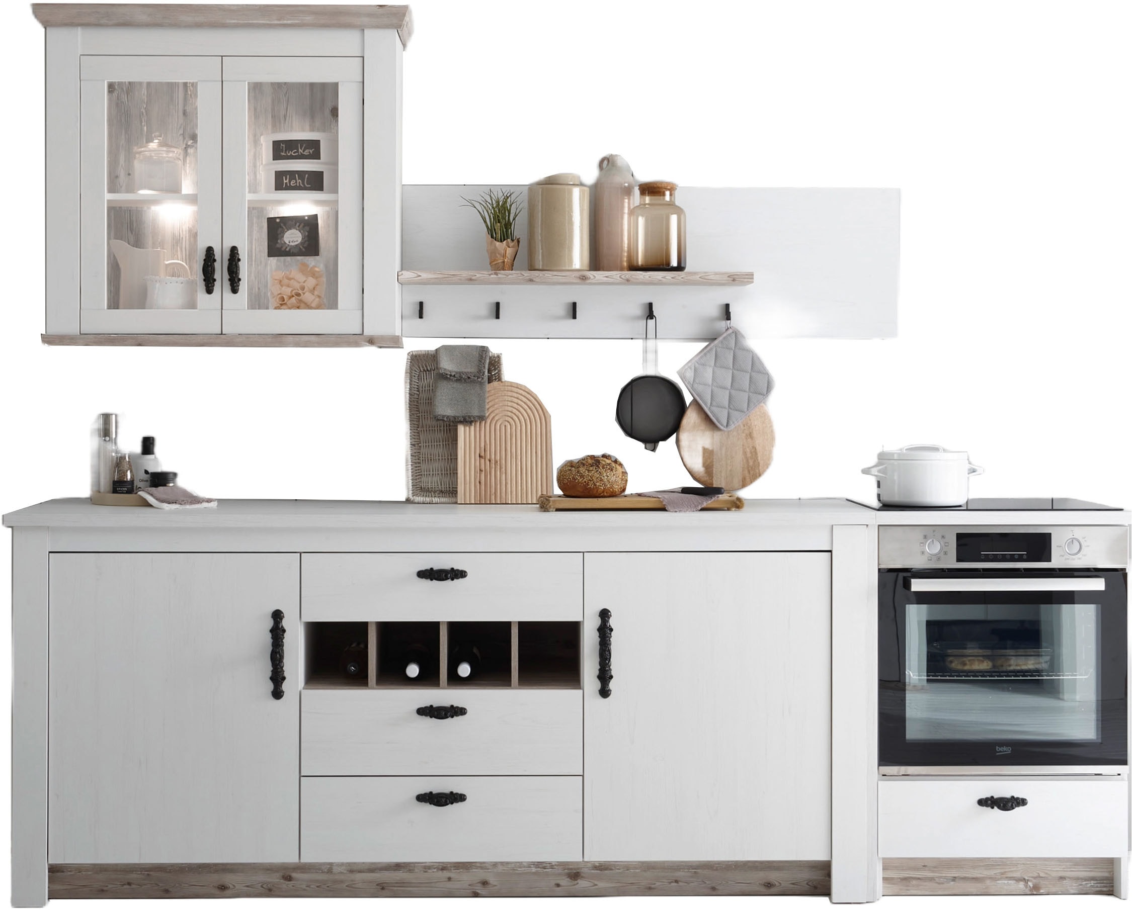 Image of Home affaire Küchenzeile "Florenz, Küche in Pinie Weiss, mit Herdumbau, ohne E-Geräte" Set, Breite 264 cm, mit verschnörkelten Metallgriffen, Arbeitshöhe 92 cm