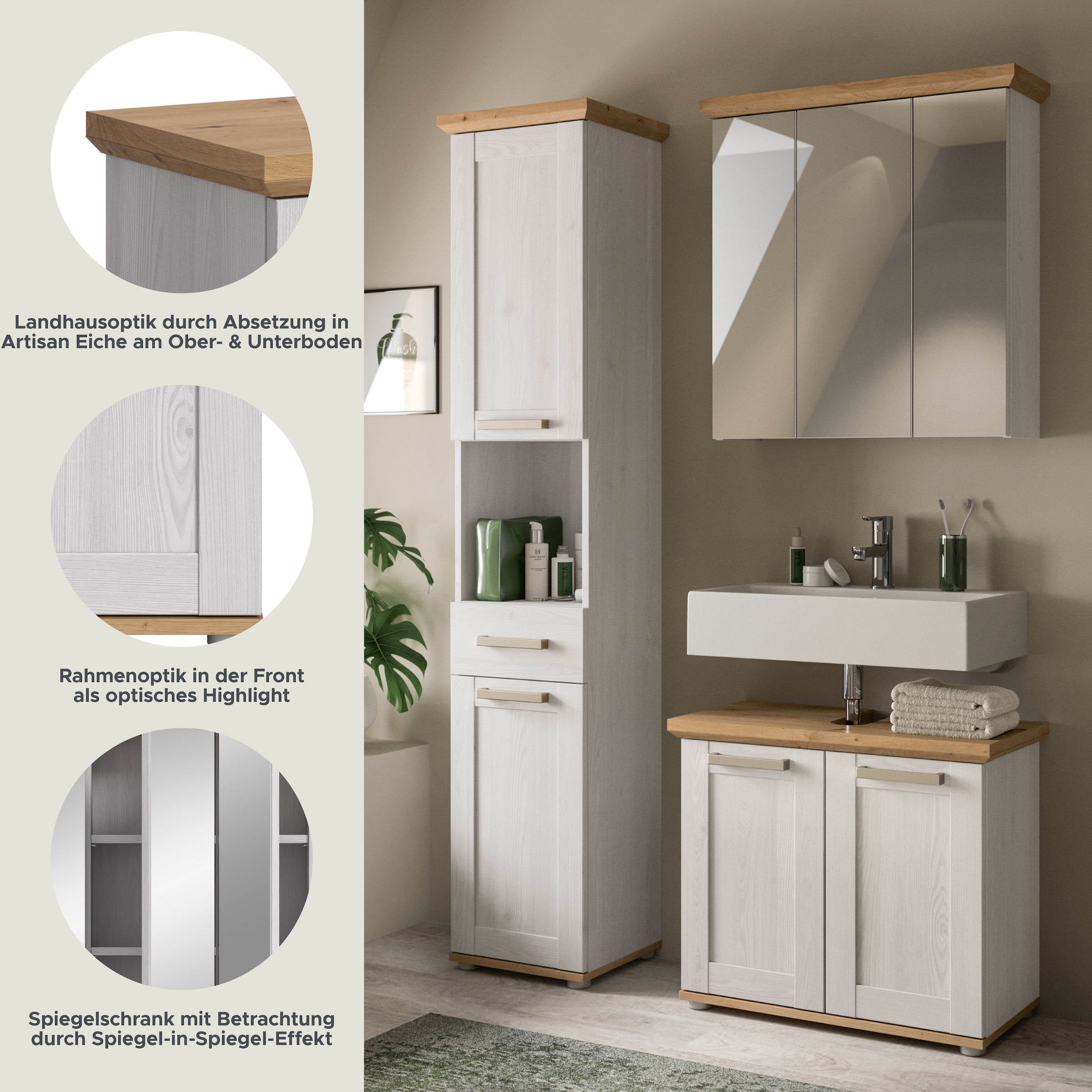 welltime Badmöbel-Set »COSENZA« best. aus: 1 Hochschrank, 1 Spiegelschrank, 1 Waschbeckenunterschrank, 3 Stk. tlg.