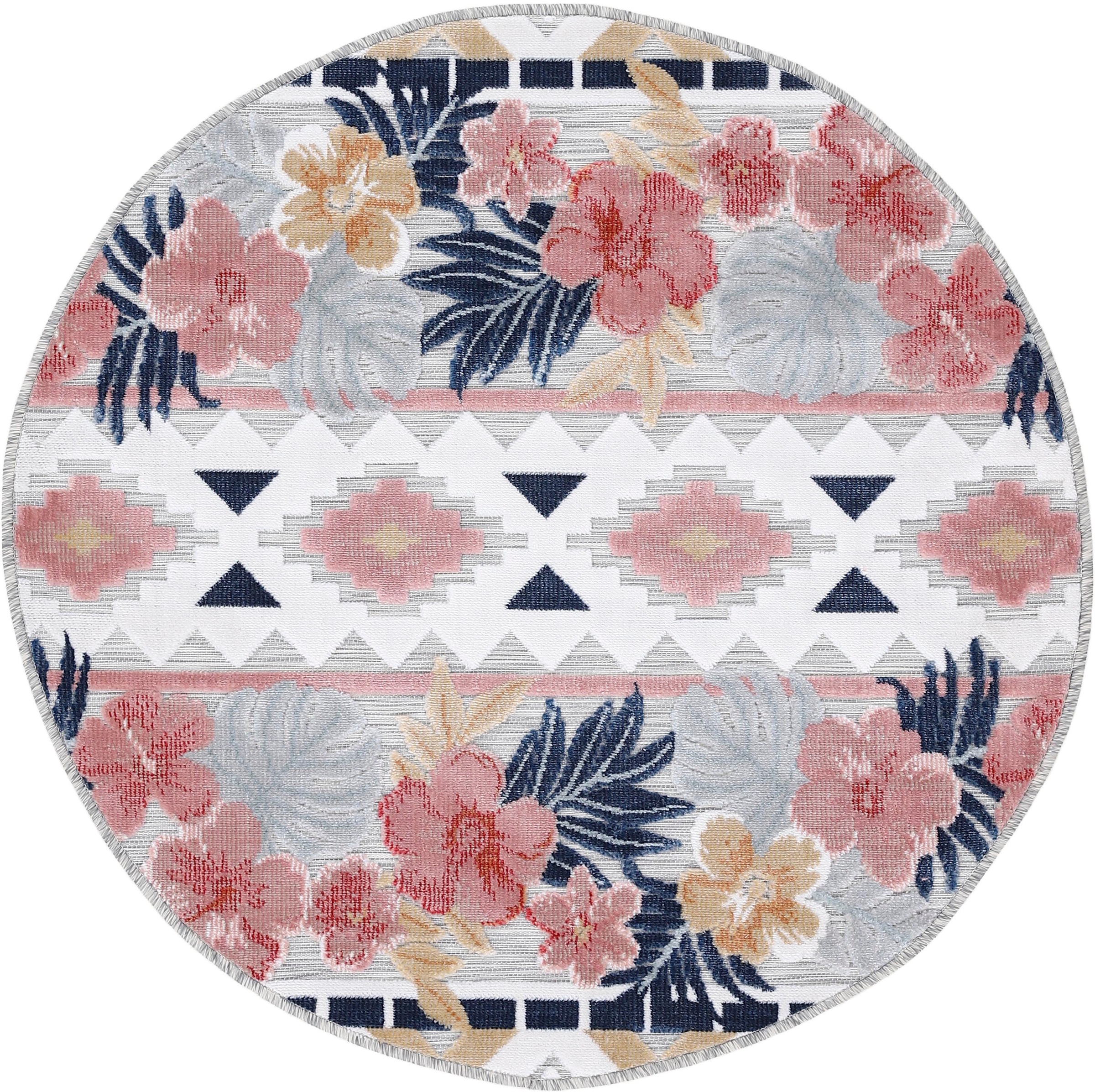 Image of carpetfine Teppich »Deja 101«, rund, 4 mm Höhe, robustes Flachgewebe, Motiv- Floral Palmenblätter, Hoch-Tief Effekt, In- und Outdoor geeignet, Wetterfest und UV-beständig für Balkon, Terrasse, Garten, Aussenbereich,Wohnzimmer, Schlafzimmer bei Ackermann V