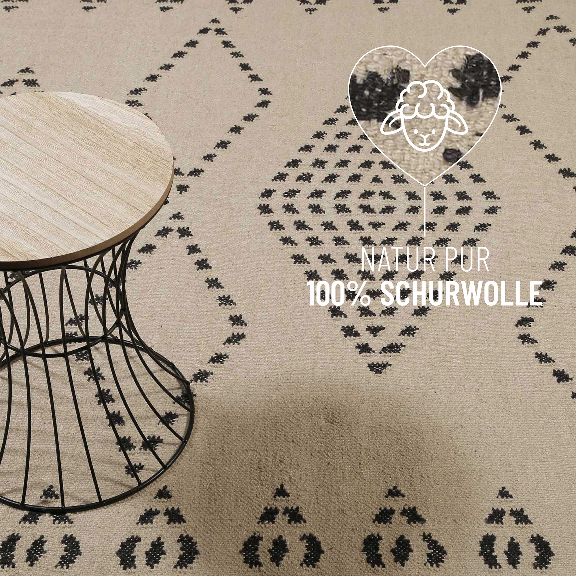 Green Looop Wollteppich »Belmont« rechteckig 5 mm Höhe Fransen, Kelim, handgewebt, Natur, Wohnzimmer, Schlafzimmer, Raute