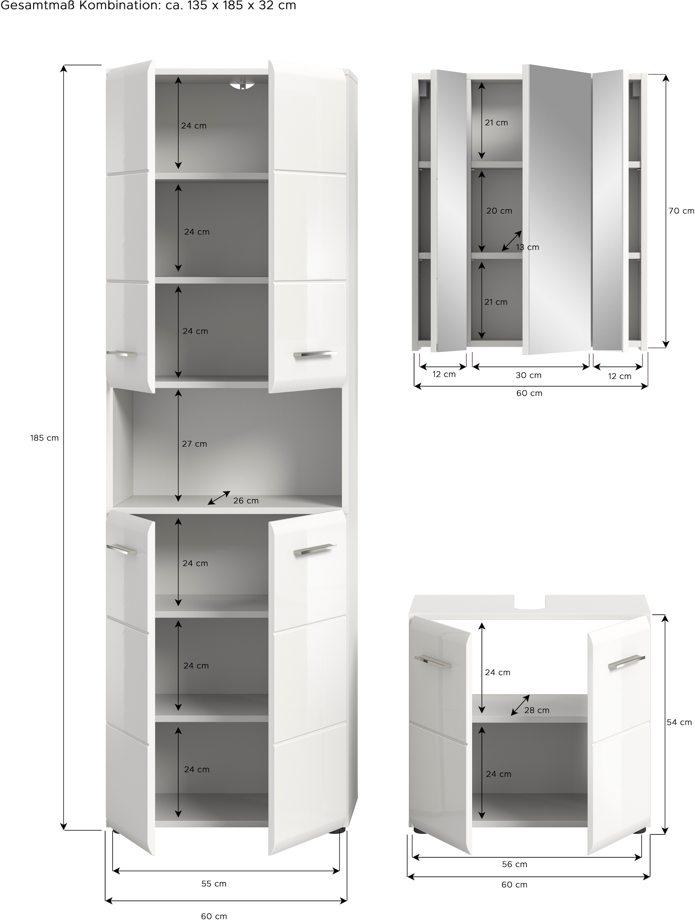 welltime Ensemble de meubles de salle de bain »FLORENZ,  3-teilige Badkombination, hochwertige MDF-Front« Ensemble, best. aus: 1 Hochschrank, 1Waschbeckenunterschrank, 1 Spiegelschrank, 