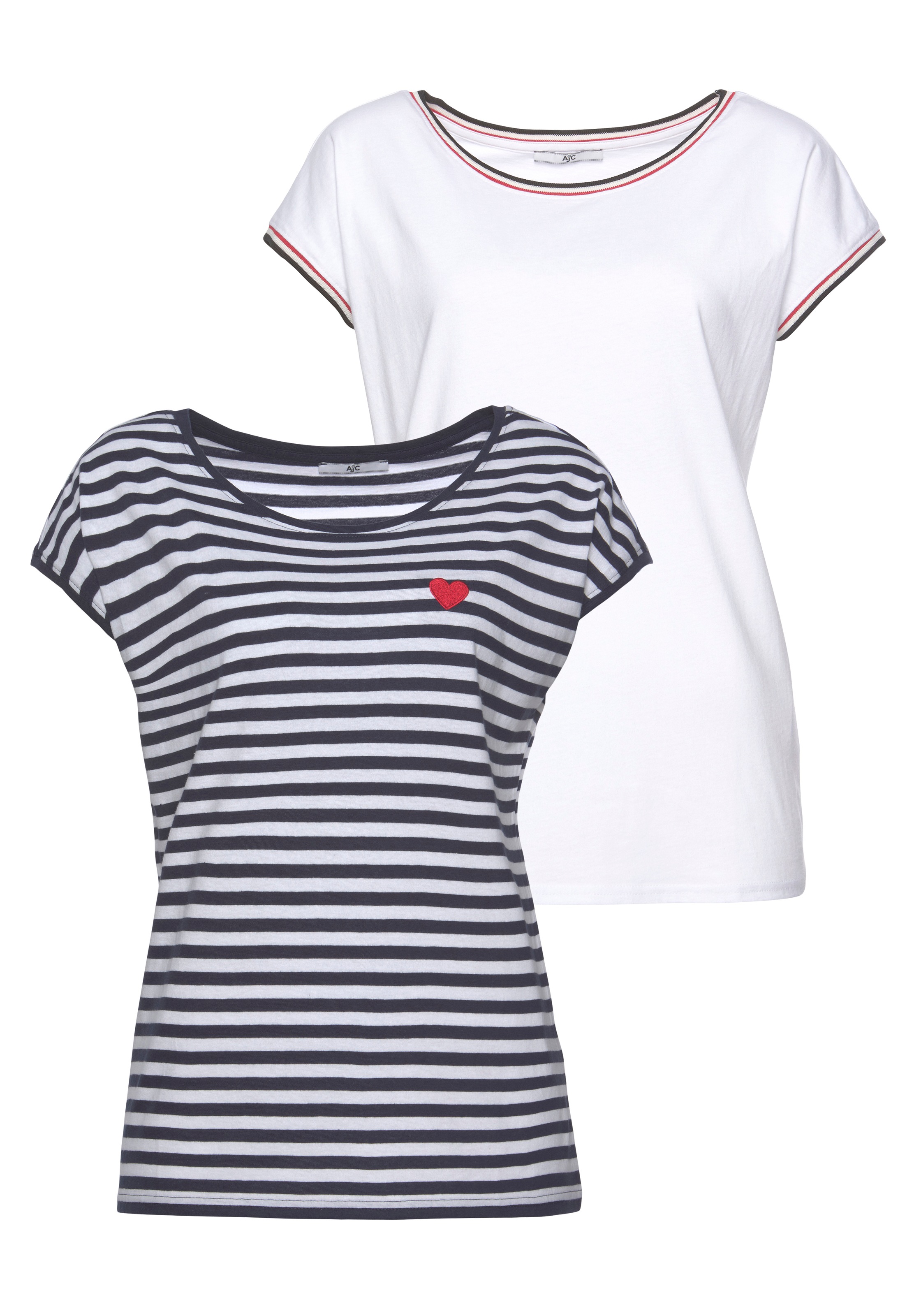 Image of AJC Rundhalsshirt 2er-Pack, gestreift mit Stickerei und einfarbig mit sportlicher Blende