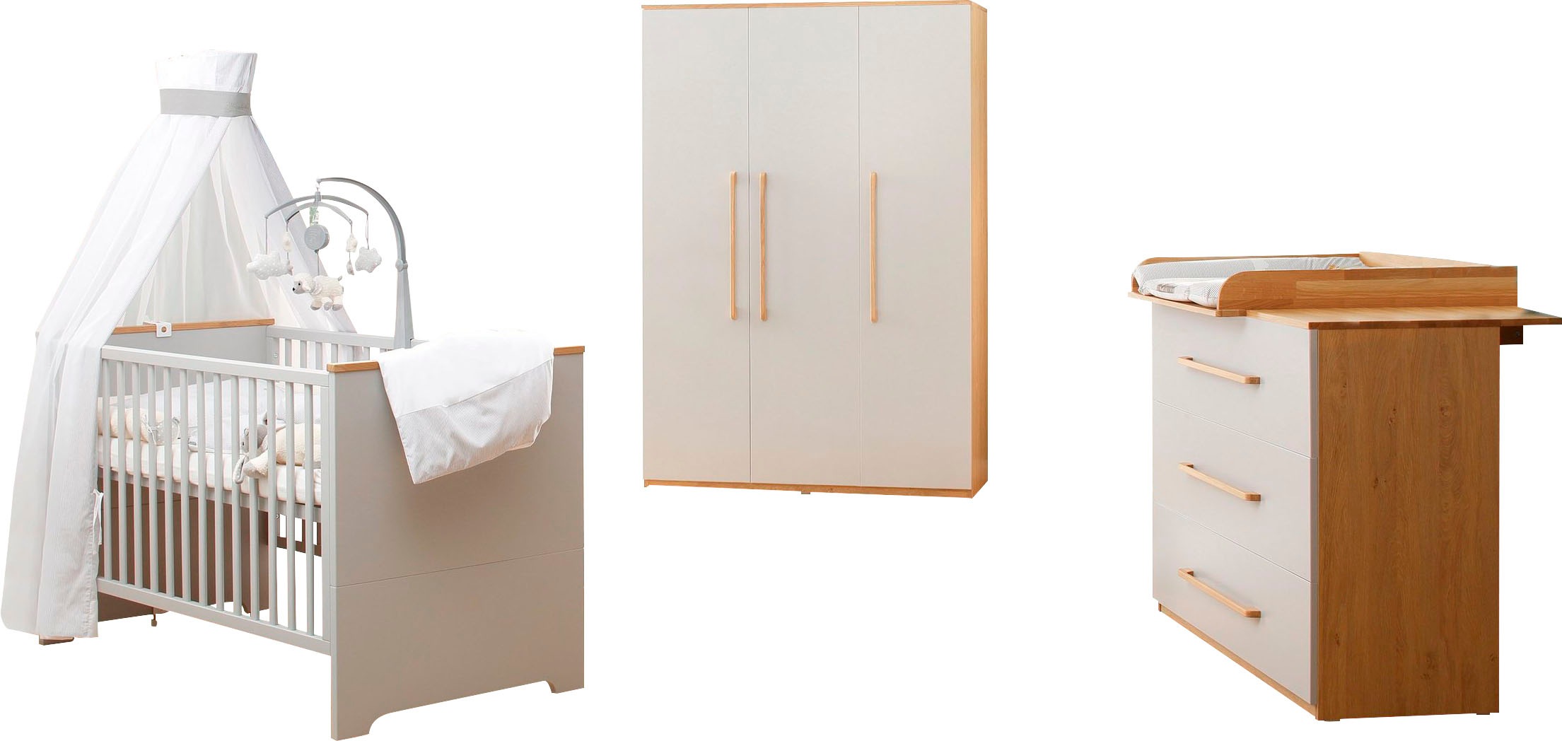 Image of Lüttenhütt Babyzimmer-Komplettset »Lauris, grau/eiche«, (Set, 3 St., Kinderbett, Schrank, Wickelkommode), FSC®-Holz aus gewissenhaft bewirtschafteten Wäldern; mit Kinderbett, Schrank und Wickelkommode bei Ackermann Versand Schweiz