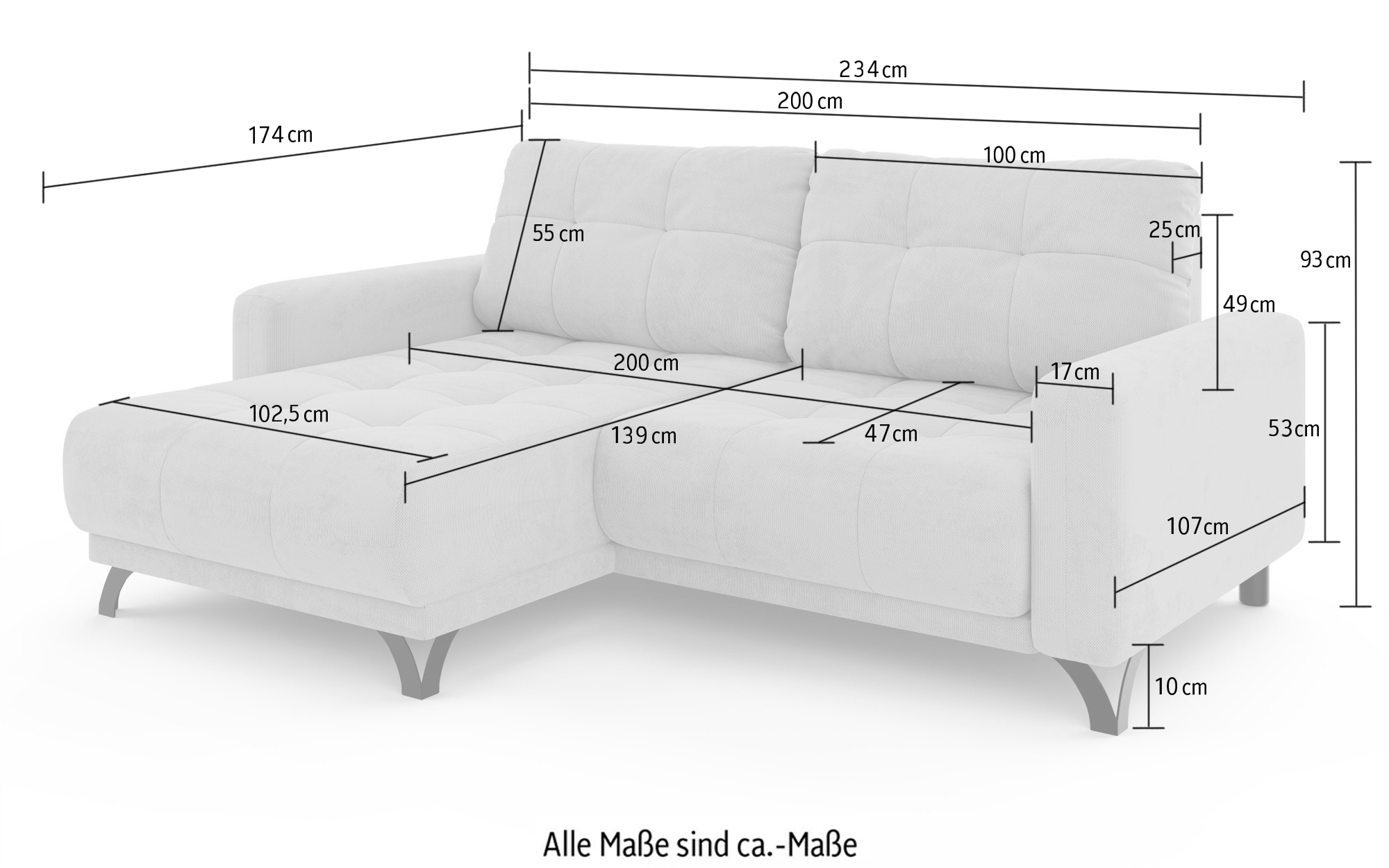 INOSIGN Ecksofa »FAIRVIEW mit verstellbaren Rückenlehne, Masse B/T/H: 234/174/93 cm«, L-Form mit Wellenunterfederung, Recamiere beidseitig montierbar