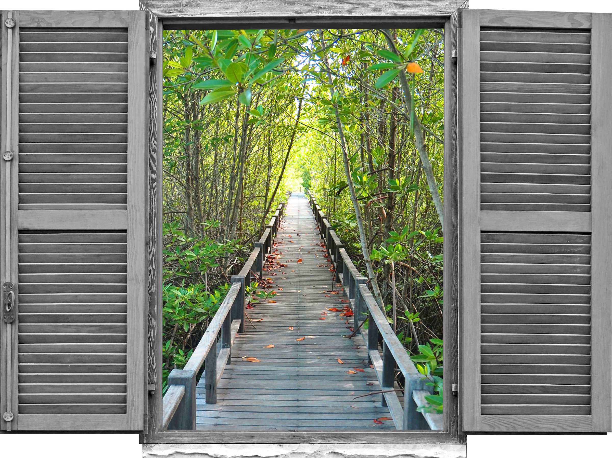 queence Wandtattoo »Brücke im Wald«, (1 St.), Wandsticker, Wandbild, selbstklebend, 3D, Fenster