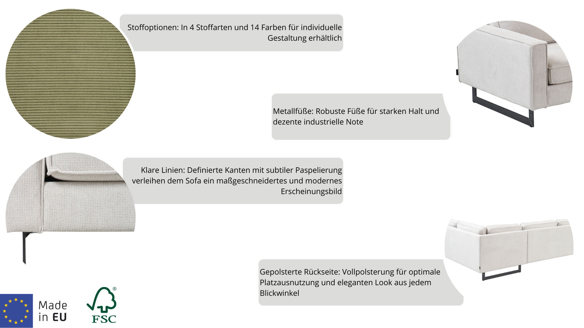 Places of Style 3-Sitzer »Pinto, 206 cm, Cord, Chenille, Lederoptik«, mit Keder, schwarze Metallfüsse, Wellenunterfederung