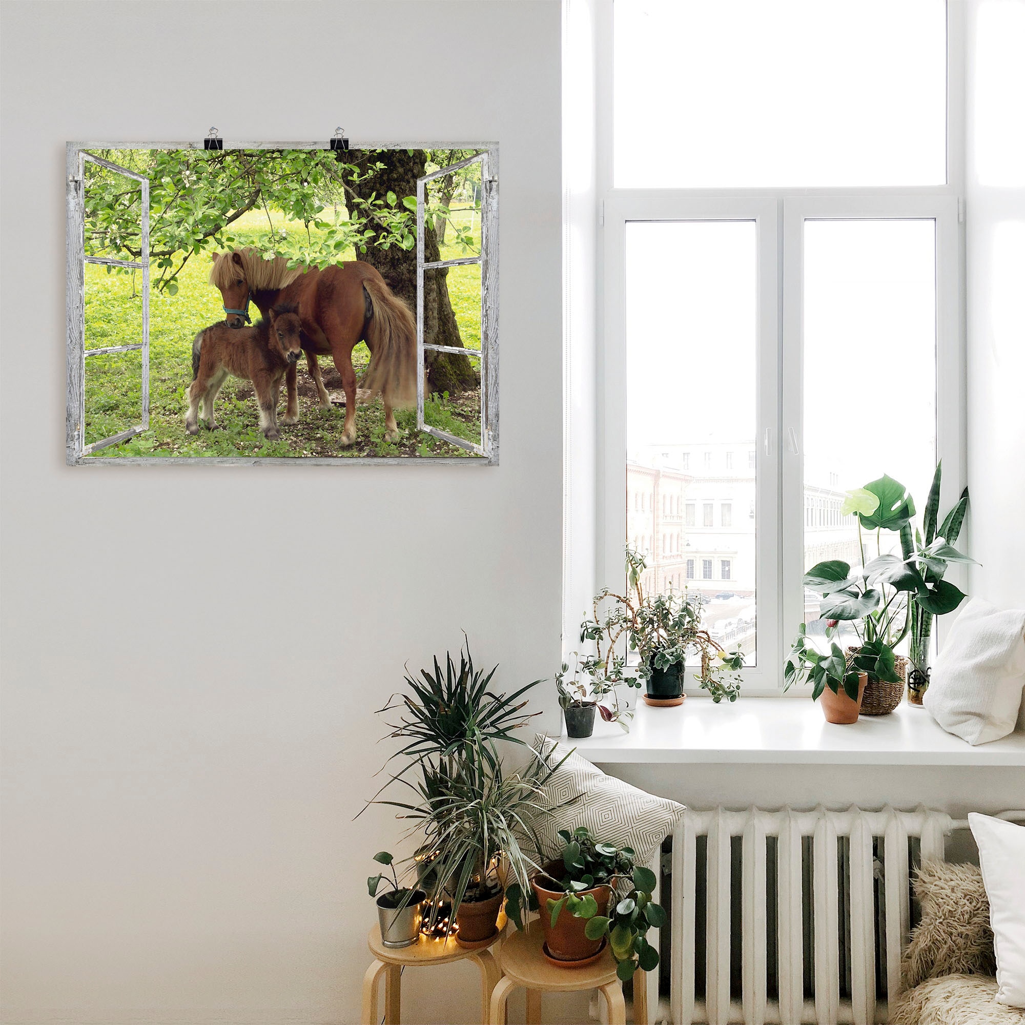 Artland Wandbild »Fensterblick - Pony mit Kind«, Haustiere, (1 St.), als Leinwandbild, Poster, Wandaufkleber in verschied. Grössen