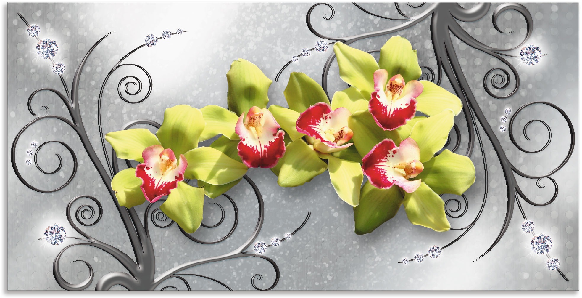 Image of Artland Wandbild »Grüne Orchideen auf Ornamenten«, Blumenbilder, (1 St.), in vielen Grössen & Produktarten - Alubild / Outdoorbild für den Aussenbereich, Leinwandbild, Poster, Wandaufkleber / Wandtattoo auch für Badezimmer geeignet bei Ackermann Versand S