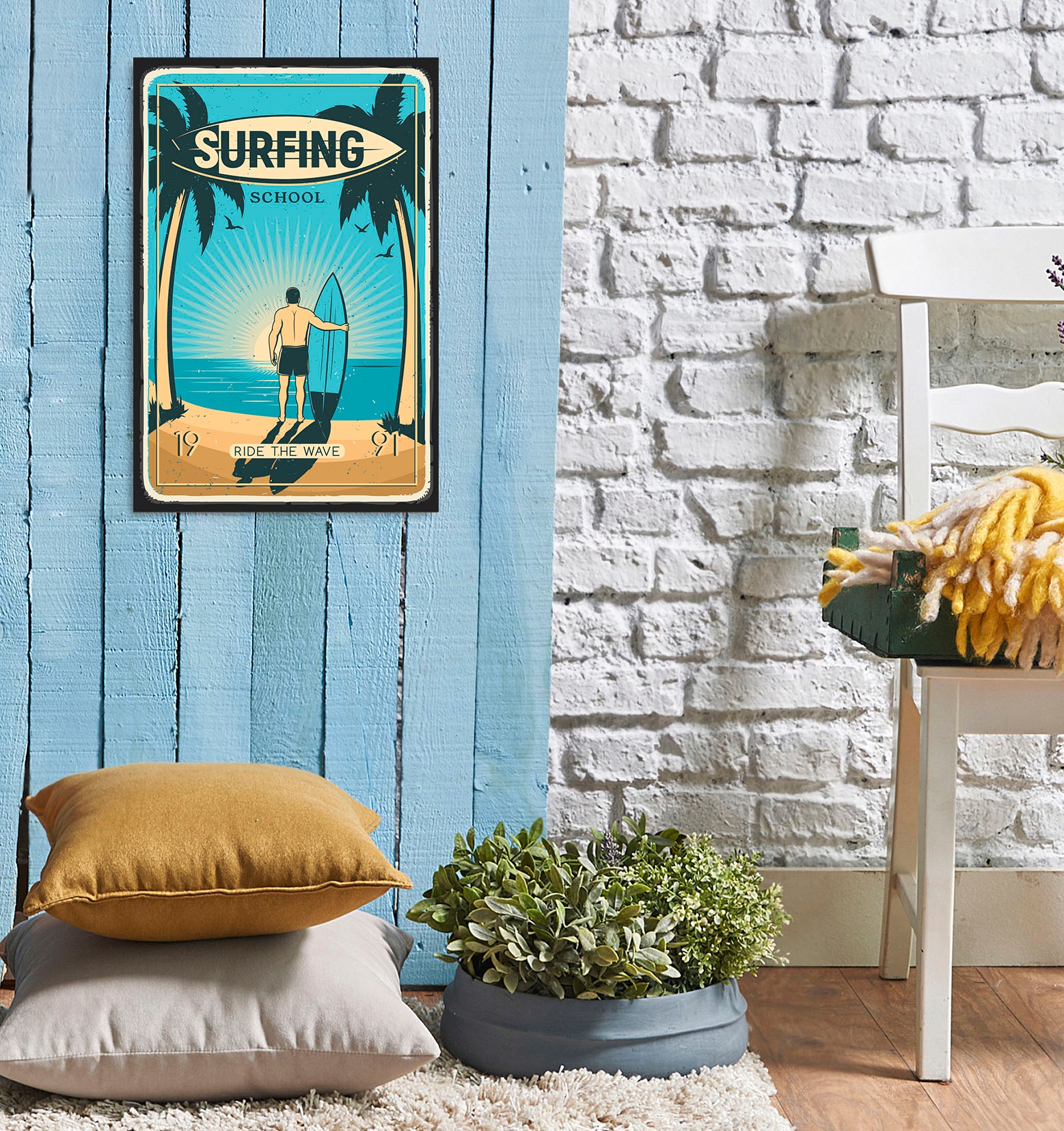Image of queence Metallbild "Surfing School" Meer Schriftzug Schriftzüge Strand 1 Stk. tlg. Stahlschilder