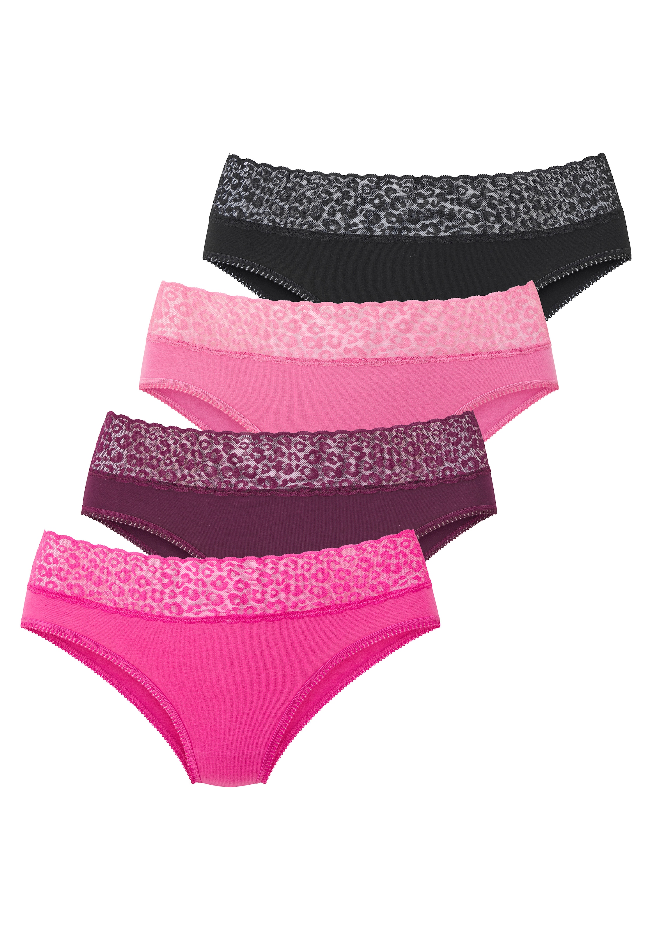 LASCANA Jazz-Pants Slips 4er Pack,  aus elastischer Baumwolle mit Leo-Spitze am Bund