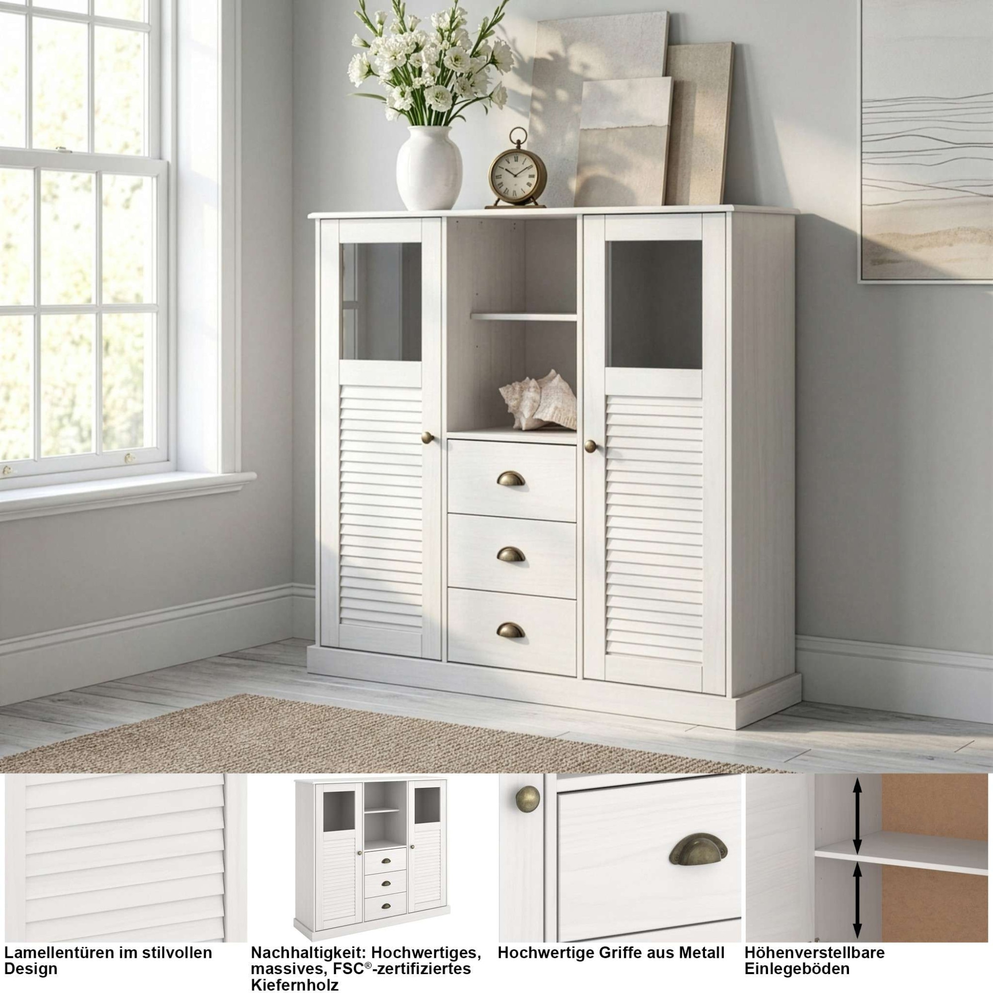 GOODproduct Buffet haut »Turia, mit Glas- und Lamellentüren« Vitrine/armoire moyenne/commode, en pin massif, FSC®, L : 127 cm