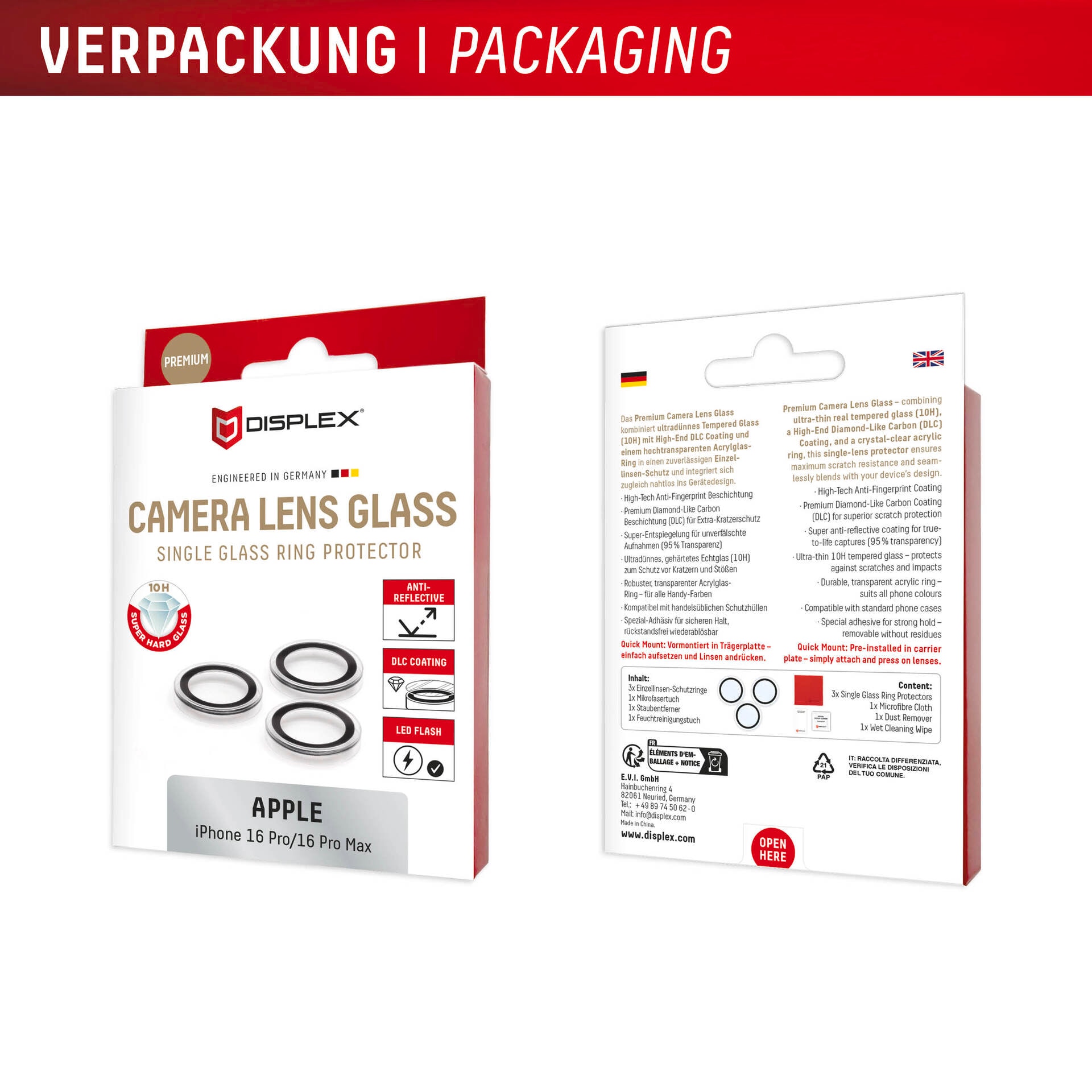 Displex Kameraschutzglas »Camera Lens Glass Single Glass Ring Protector« für Apple iPhone 16 Pro;Apple iPhone 16 Pro Max Packung, 2x Einzellinsen-Schutzringe,  Objektivschutz, Kameraschutz, kratz- & stossfest