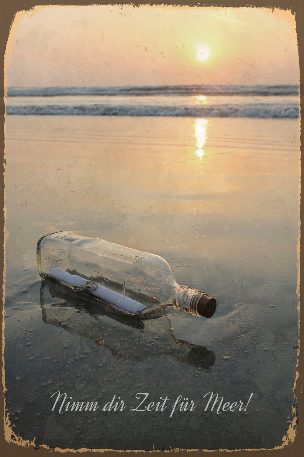 queence Metallbild »Flaschenpost«, Strand-Schriftzug-Meer-Strand, (1 St.), Stahlschilder