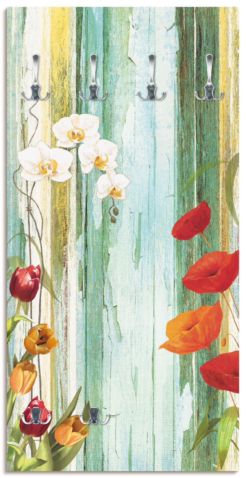 Image of Artland Garderobenleiste »Bunte Blumen«, platzsparende Wandgarderobe aus Holz mit 6 Haken, geeignet für kleinen, schmalen Flur, Flurgarderobe bei Ackermann Versand Schweiz