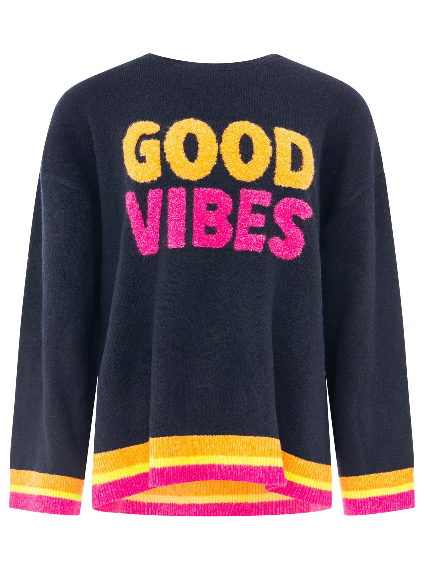 Zwillingsherz Strickpullover »"GOOD VIBES"« farbiger Schriftzug, gestreifte Neon-Bündchen, Rundhals, Strick