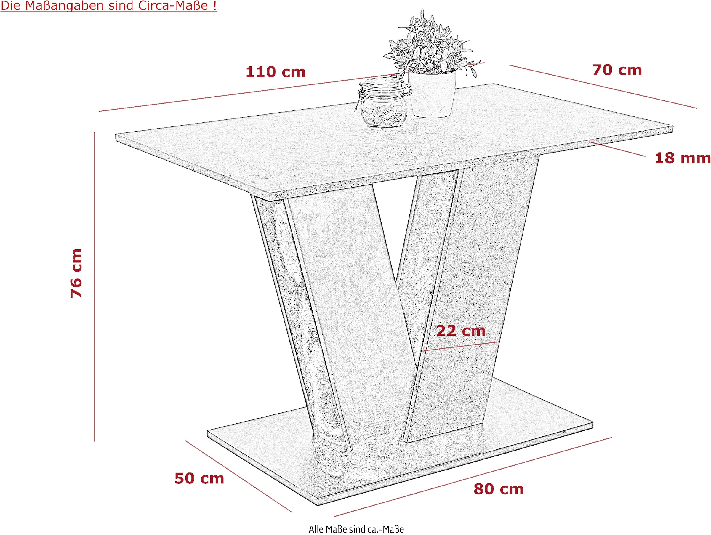 HELA Table de salle à manger »JUDITH mit ABS-Kante« 1 cuis tlg. mélamine, table colonne, forme en V, plateau de sol contrasté