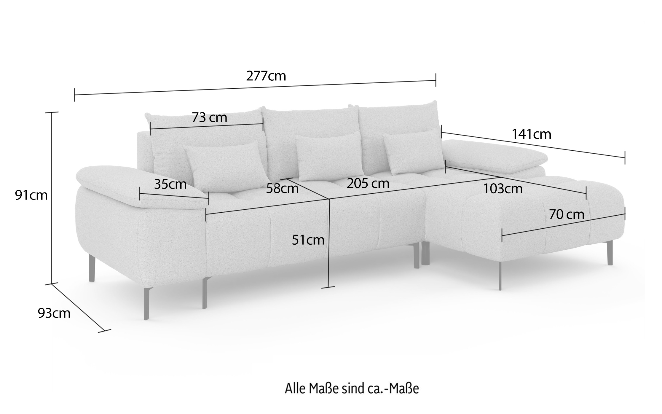 INOSIGN Ecksofa »DROMARA Schlafsofa mit Bettkasten, Masse: B/T/H 277/141/91 cm«, L-Form mit Recamiere rechts/links bestellbar, Wellenunterfederung