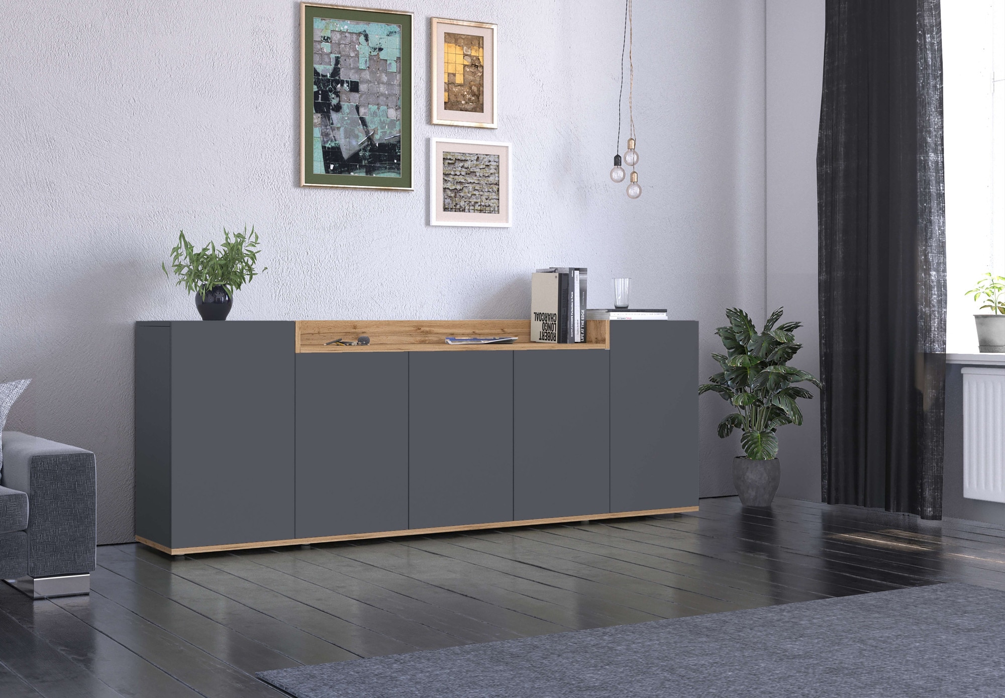 GOODproduct Buffet »BOLSENA, Kommode, Schrank,Lowboard mit 8 Fächer und offenes Ablagefach« 1 cuis tlg. stehend/hängend montierbar, Made in Italy, B/T/H: 200 × 35 × 71,2 cm