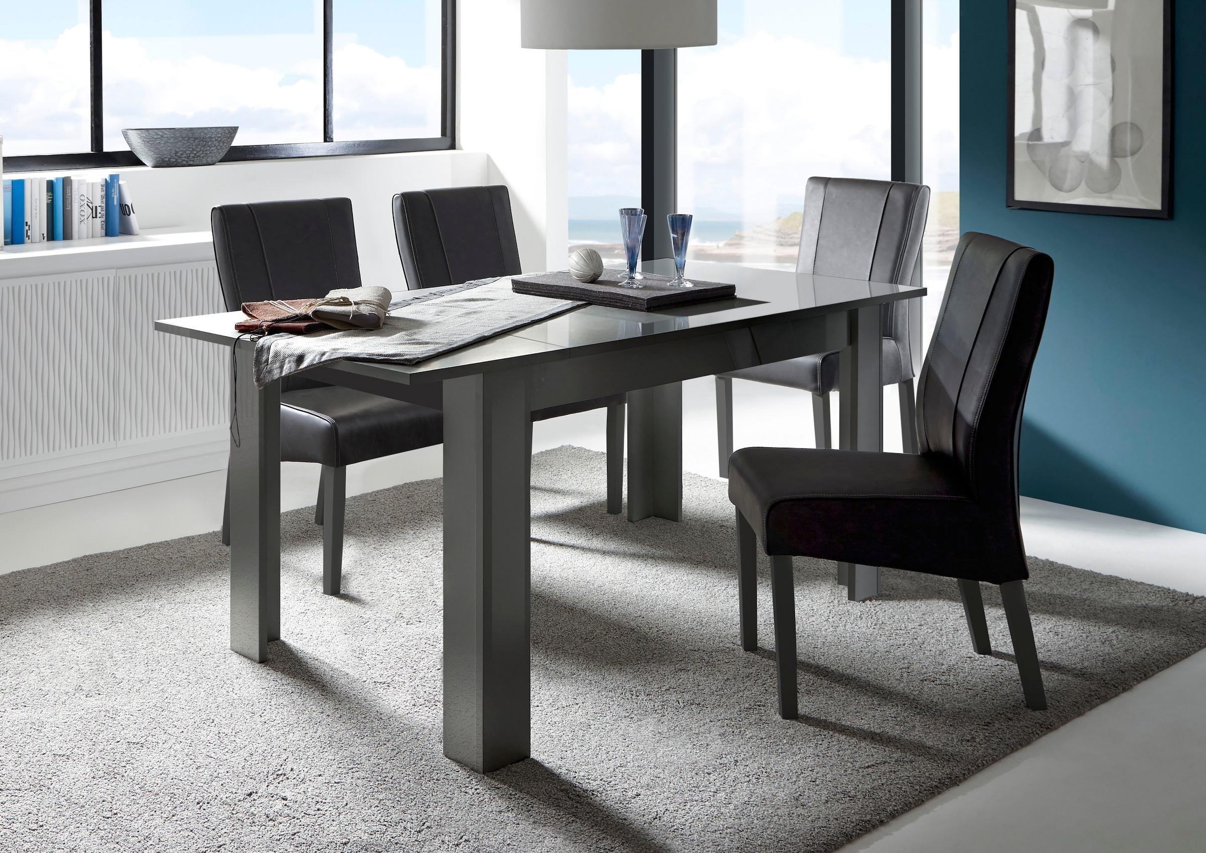 Home affaire Table de salle à manger »Dama 137x90x79 cm (BxTxH), Esszimmertisch Anthrazit Hochglanz Lack,« moderner rechteckiger Küchentisch, ausziehbar, erweiterbar auf 185 cm