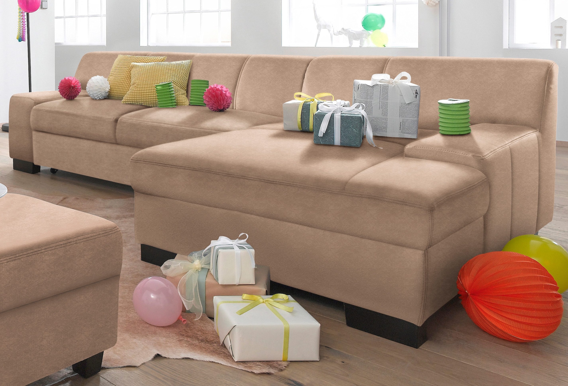 Image of DOMO collection Ecksofa "Norma, elegant & modern, mit flachen Armlehnen, Breite 268cm, L-Form" wahlweise mit Bettfunktion