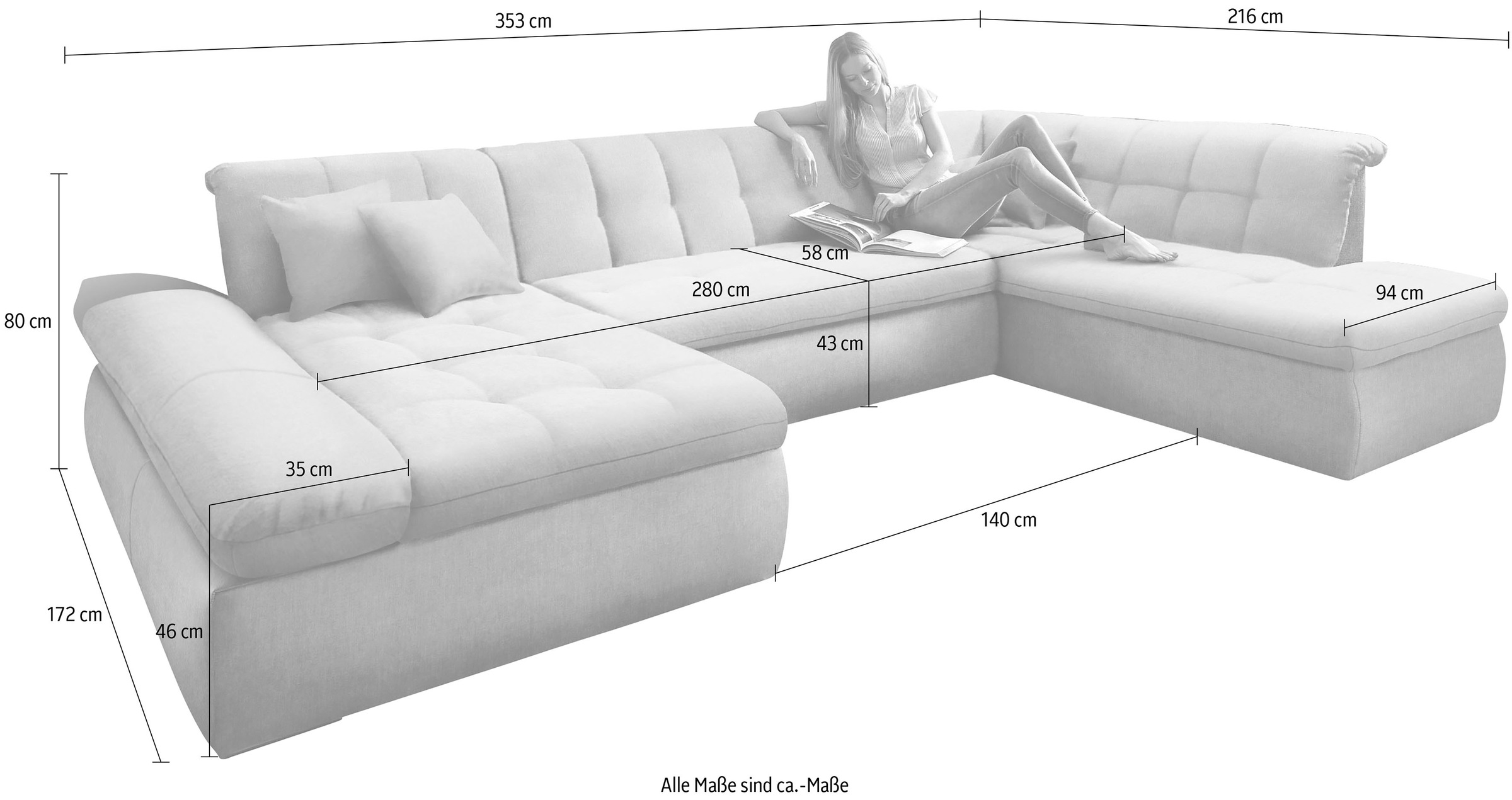 DOMO collection Paysage de salon »MORIC Massiv! - Belastbar bis 140 kgxSitz, 353x216x80 cm, XXL« U-Form,  inkl. Zierkissen