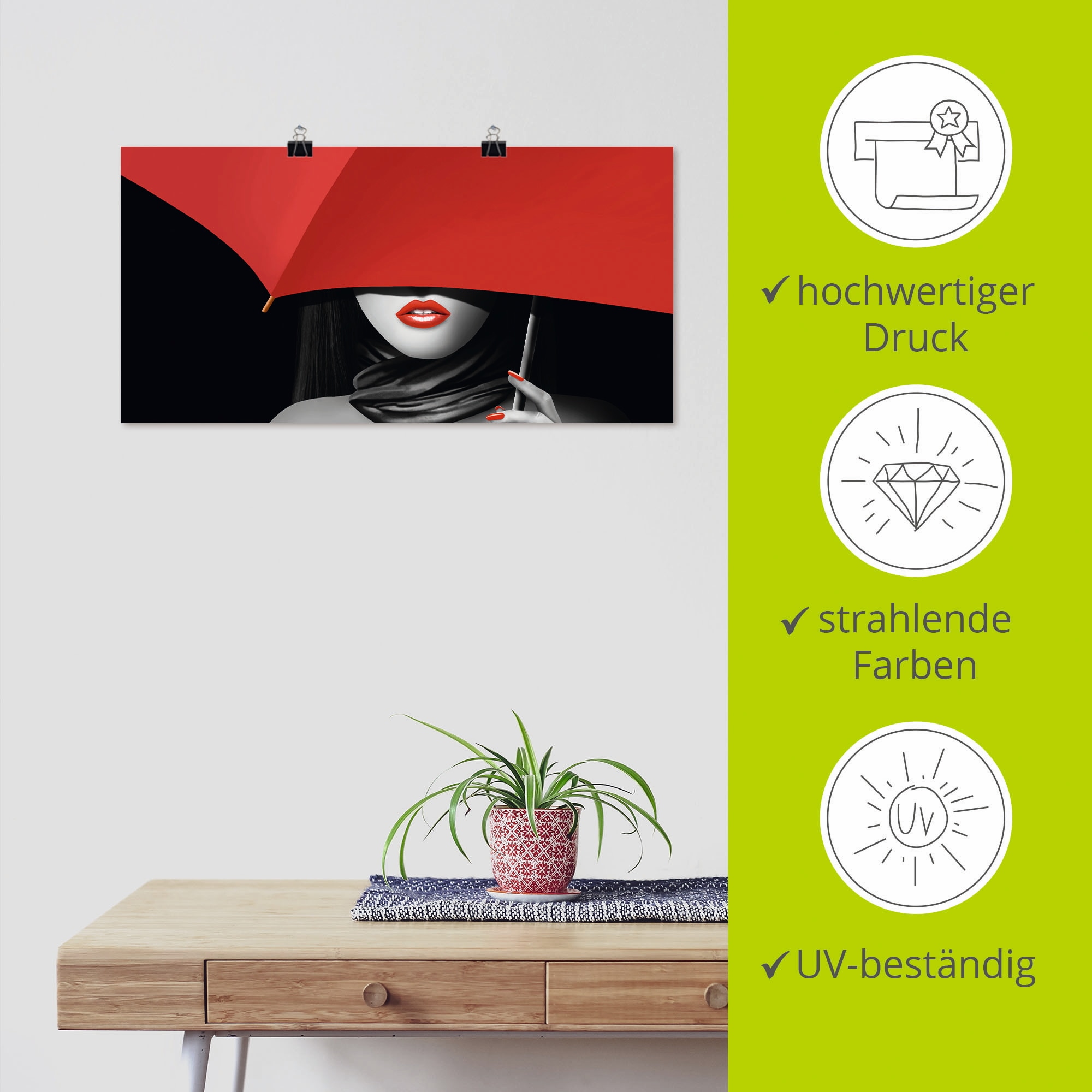 Artland Wandbild »Rote Lippen unter dem Regenschirm«, Frau, (1 St.), als Alubild, Outdoorbild, Poster, Wandaufkleber in verschied. Grössen