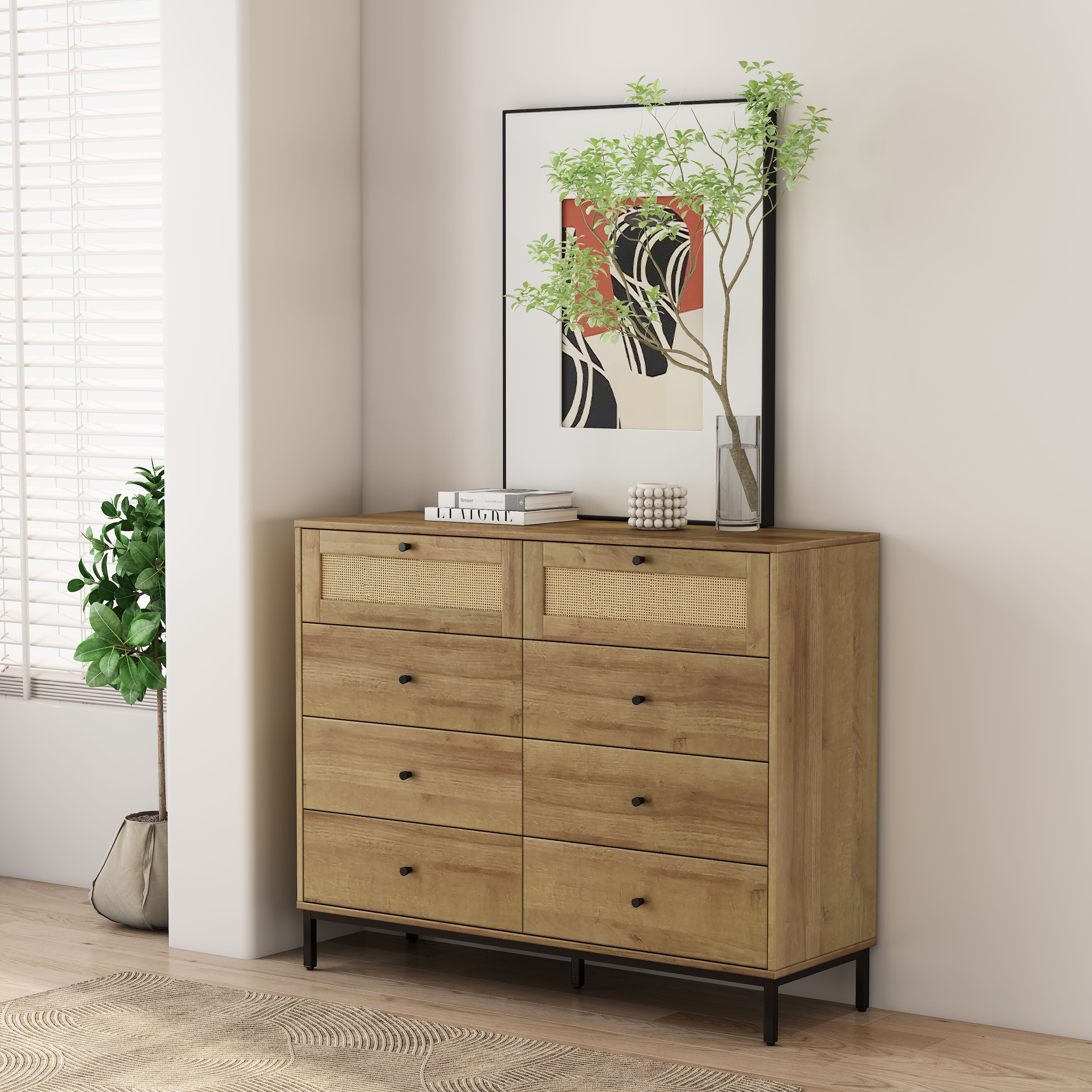 GOODproduct Kombikommode »Motala Wäsche Schrank mit 8 Schubladen Sideboard BOHO Design« Eichen-Design mit schwarzen Griffen und Geflecht Schubladen,  Kommode Schrank Wäscheschrank mit 8 Schubladen