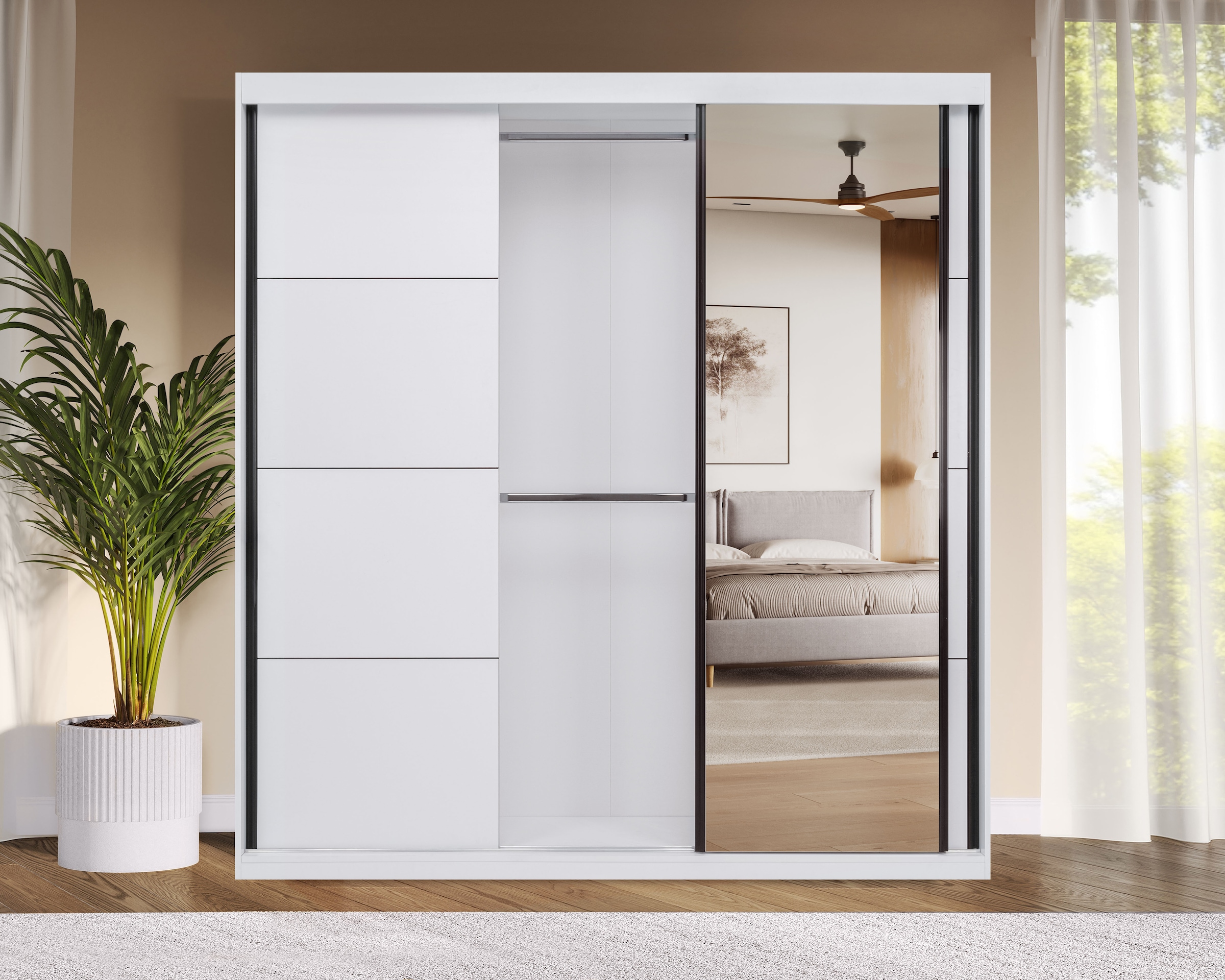 GOODproduct Schwebetürenschrank »Tonara Schrank, Kleiderschrank 2,00m Breite, Schiebetürenschrank« Schrank mit leichtgängiger Schiebetür, in 4 Farben , Top Ausstattung,  inklusive Spiegeltür, 2 Kleiderstangen, 4 Schubkastenauszügen