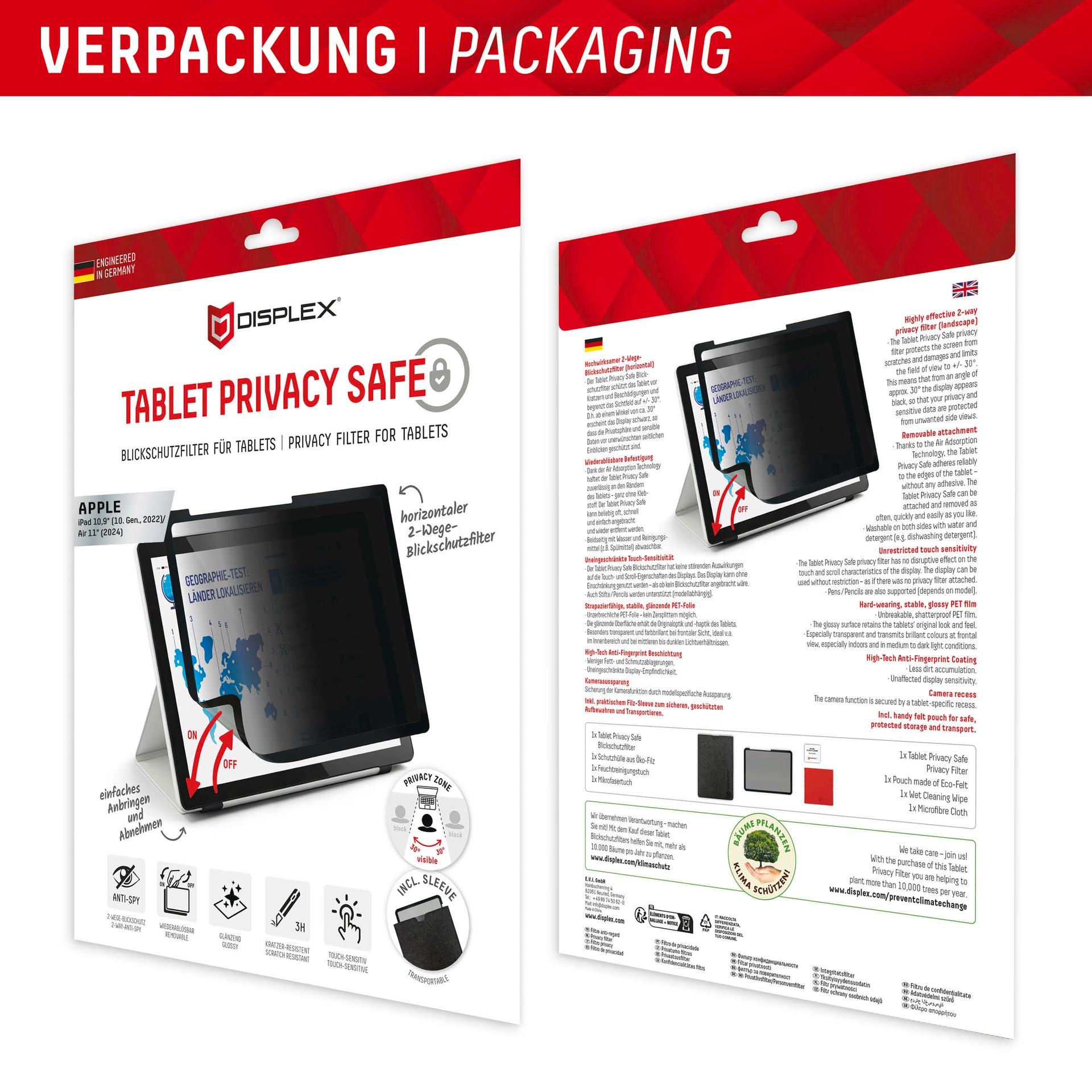 Displex Displayschutzfolie »Tablet Privacy Safe«, für Apple iPad 10,9" (10. Gen., 2022)-Apple iPad 11" (2025)-Apple iPad Air 11" (2024/2025), Blickschutzfolie, Schutzfolie, Bildschirmschutz, kratz- & stossfest