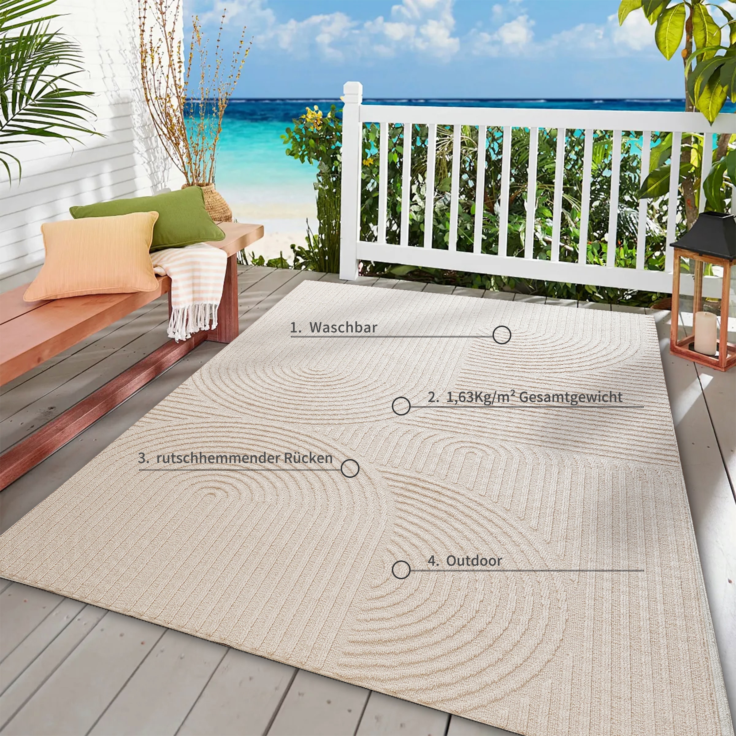 GOODproduct Teppich »Jola, In- und Outdoor geeignet, Hoch-Tief-Design, Scandi« rechteckig 9 mm Höhe Hoch-Tief-Struktur, Zen, Wetterfest & UV-beständig, Balkon, Camping