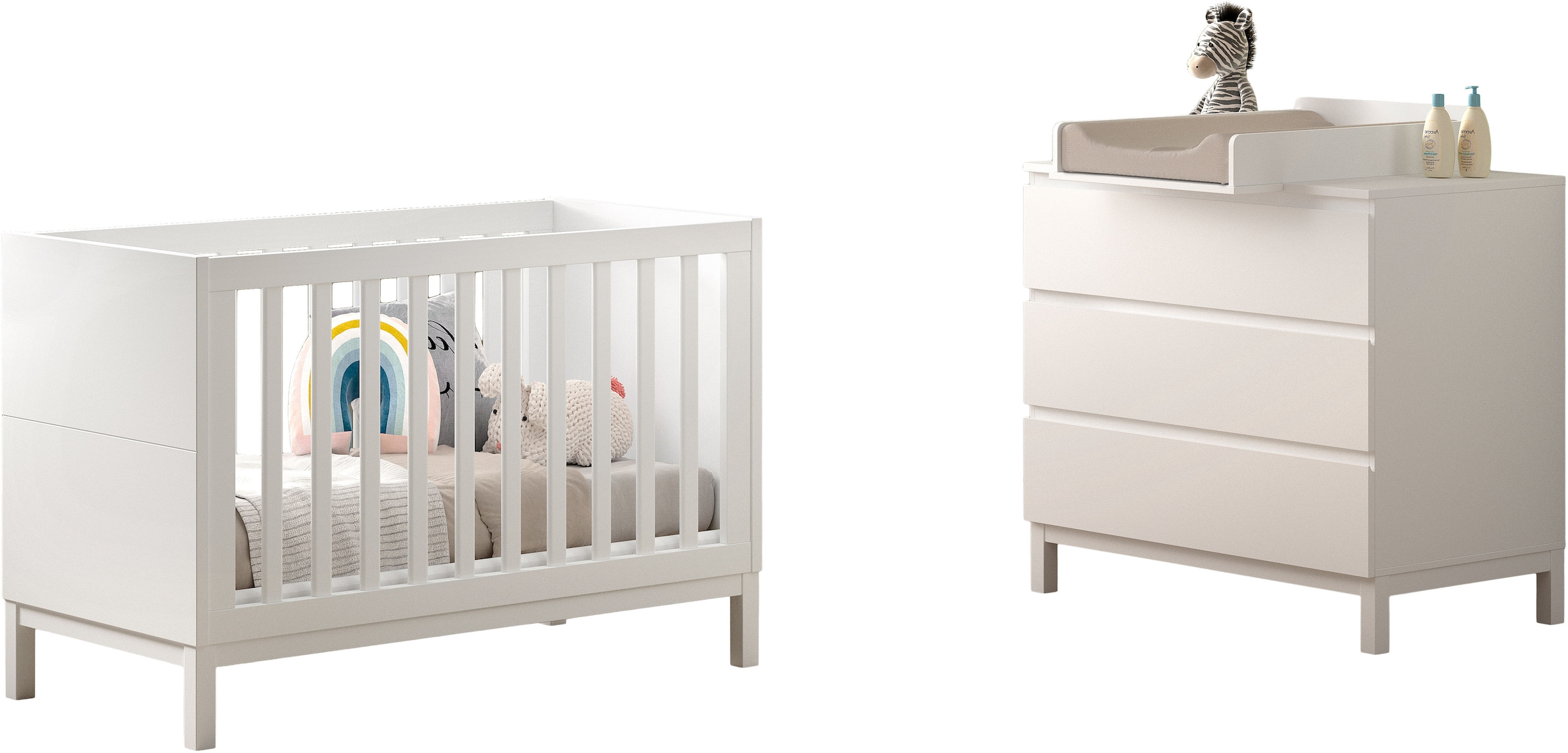 Image of Vipack Babymöbel-Set "Set best. aus Babybett 60/120, Kommode 3 Schubladen und Wickelaufsatz" 3 Stk. tlg. in gradlinigem Design, pflegeleichte lackierte Oberfläche in Weiss