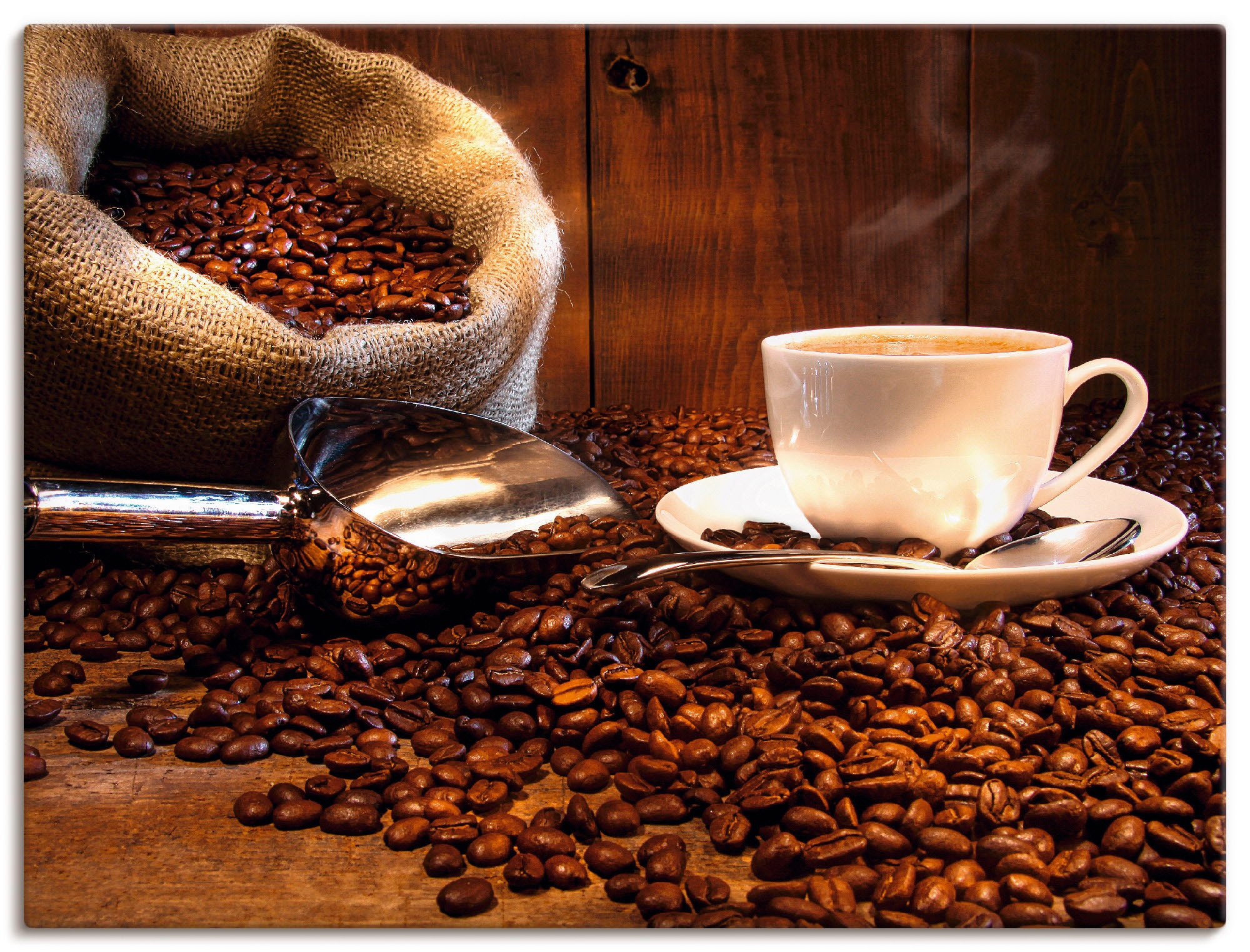 Image of Artland Leinwandbild "Kaffeetasse und Leinensack auf Tisch" Getränke 1 Stk. tlg. auf Holzrahmen gespannt