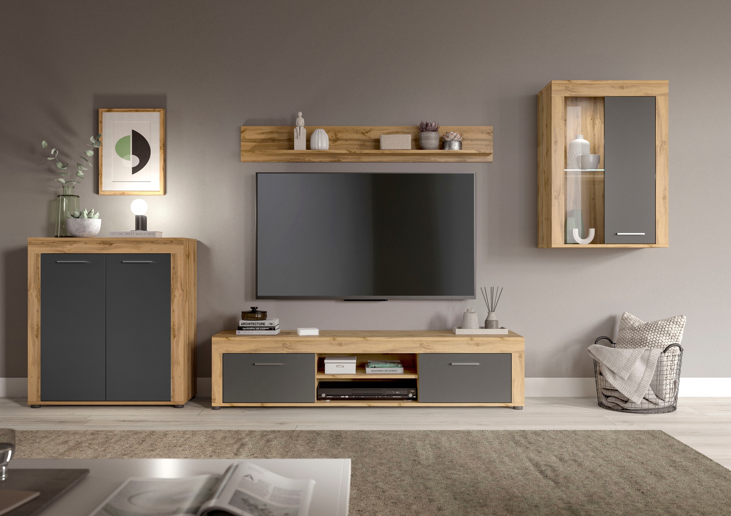 Image of GOODproduct Wohnwand "AOSTA, Breite 330cm, 4-teilige Wohn-Kombination" bestehend aus: Highboard, Lowboard, Wandboard & Vitrine, 4 Stk. tlg.