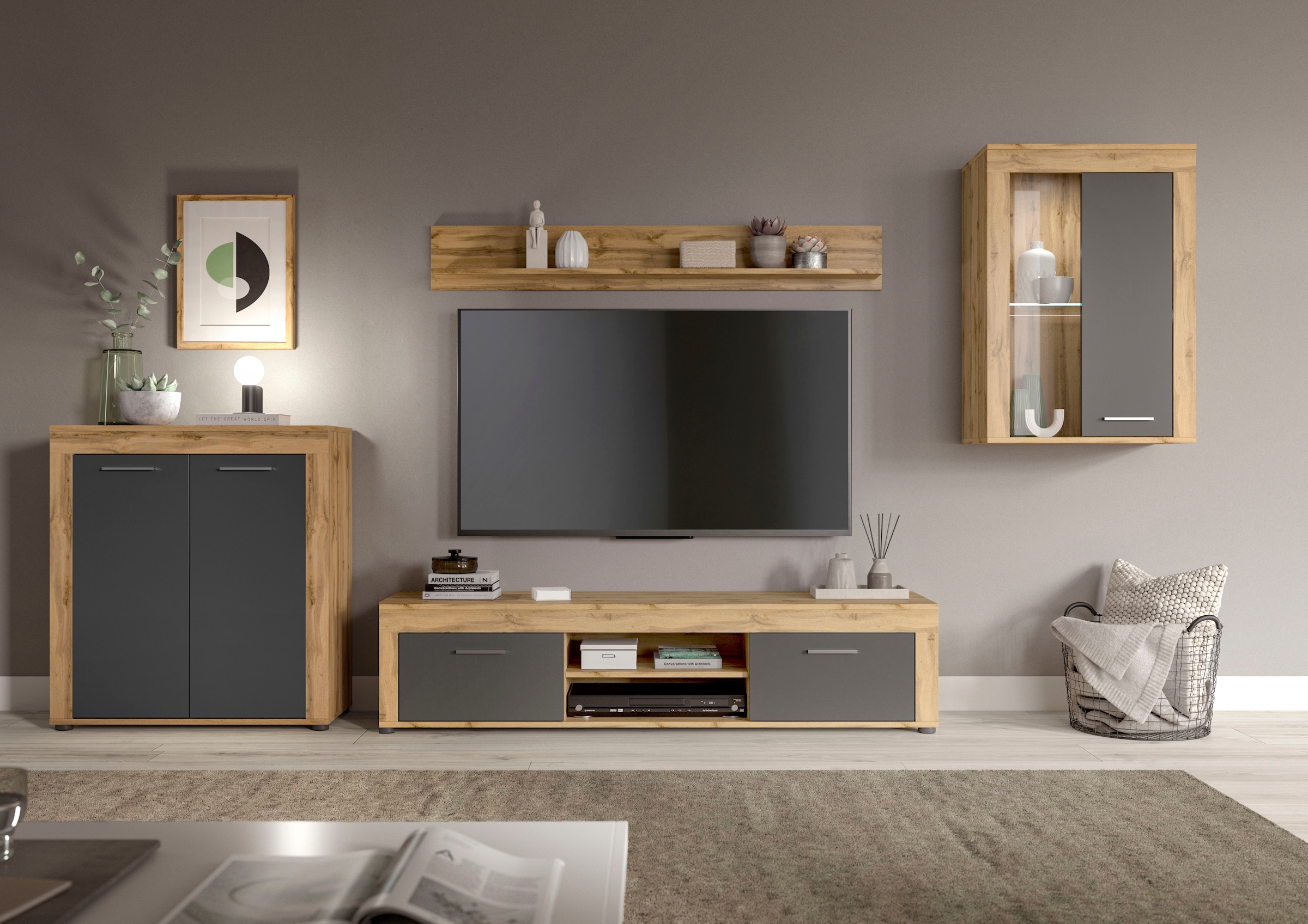 Image of Home affaire Wohnwand "AOSTA, Breite 330cm, 4-teilige Wohn-Kombination" bestehend aus: Highboard, Lowboard, Wandboard & Vitrine, 4 Stk. tlg.