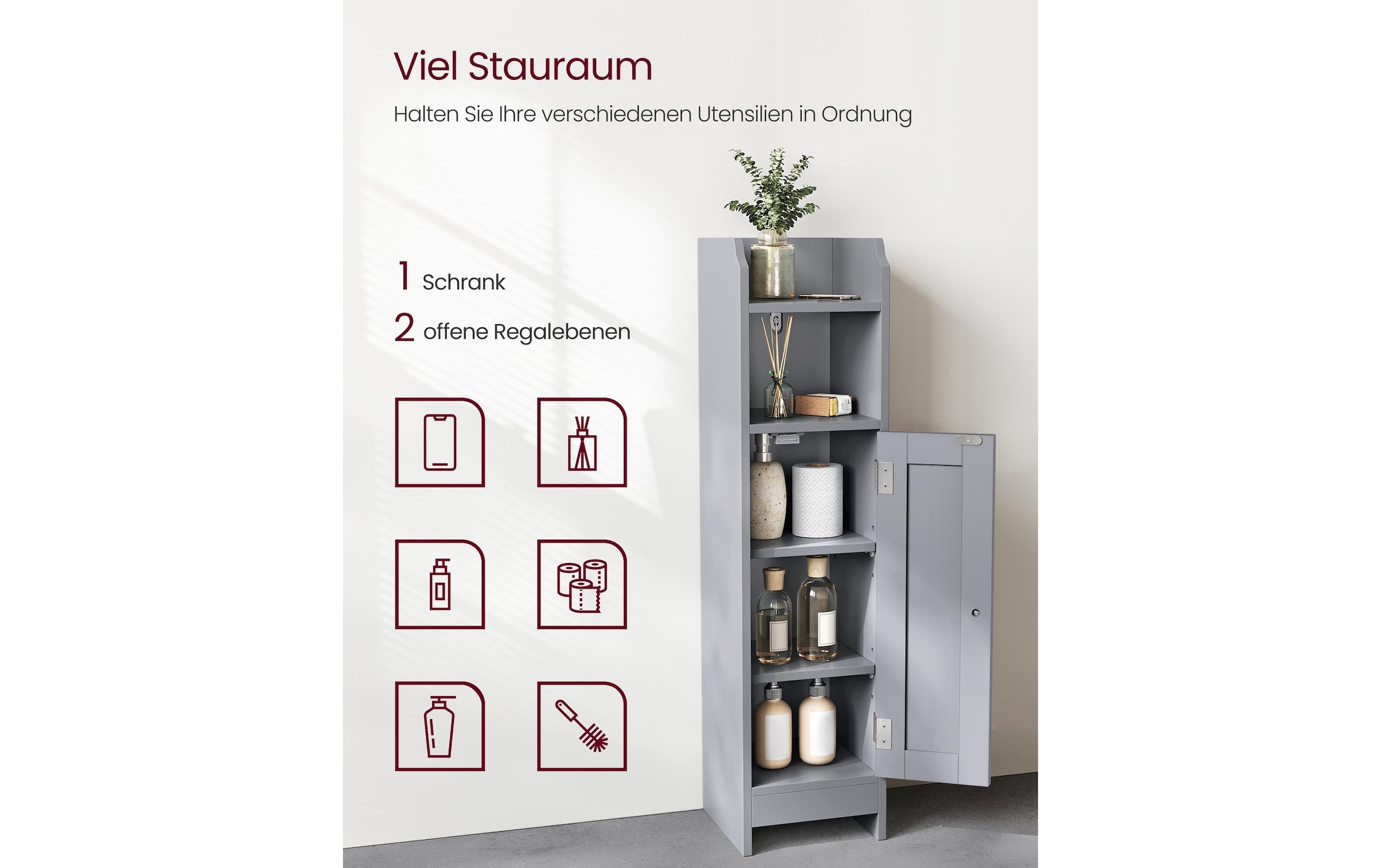 VASAGLE Mehrzweckschrank »VASAGLE Badezimmer-Schrank 18 x 80 cm, Grau«