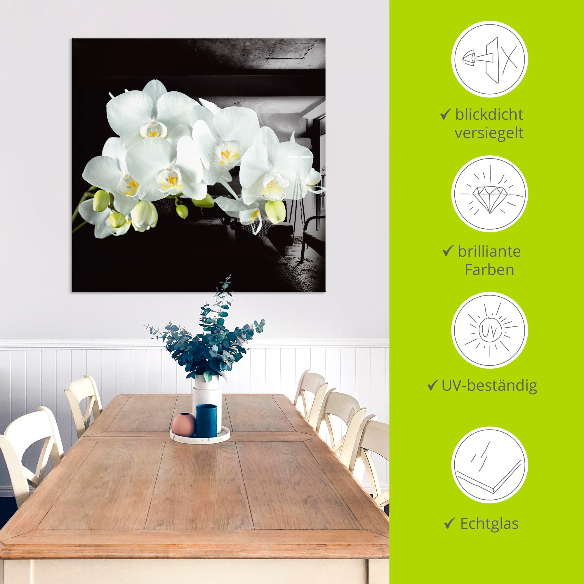 Artland Tableau en verre »Weisse Orchidee auf schwarzem Hintergrund« 1 cuis tlg. in verschiedenen Grössen