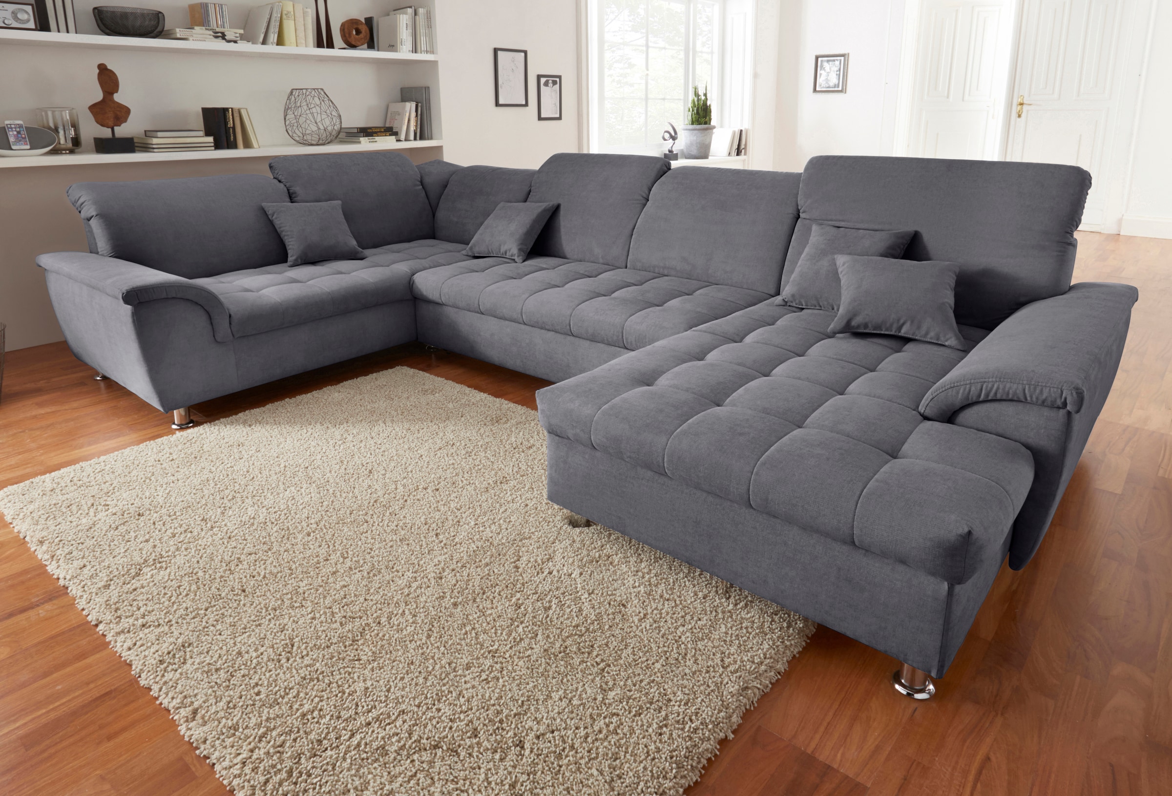 Image of DOMO collection Wohnlandschaft "FRANZI mit Kopfteilverstellung, U-Form mit viel Platz, bequem" XXL-Sofa, U-Form, belastbar bis 140kg/Sitz, dunkelgrau, Breite: 352cm